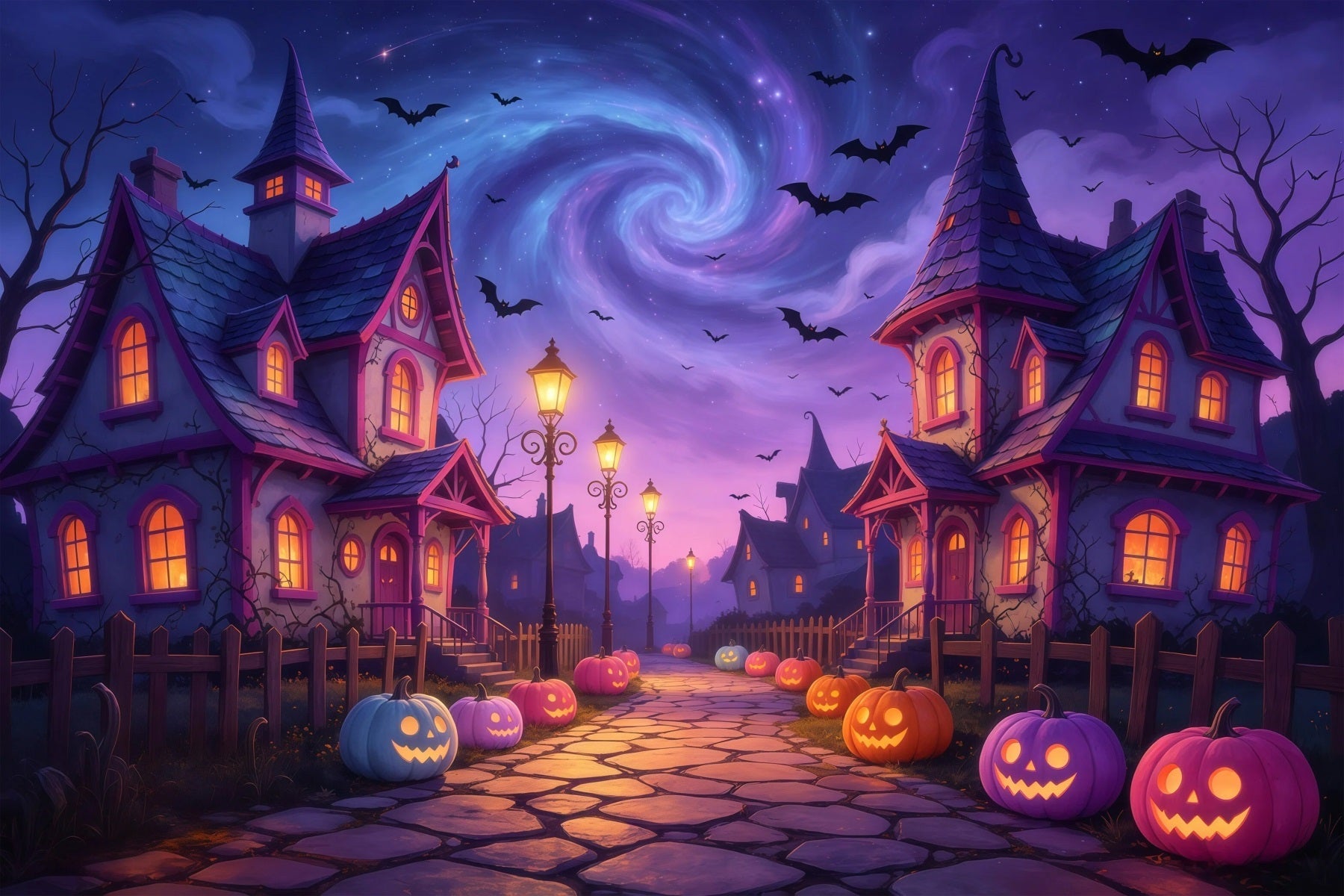 Spooky Town Backdrop Twilight Pumpkin Village Path Large Halloween Backdrops UK GQ67-83
