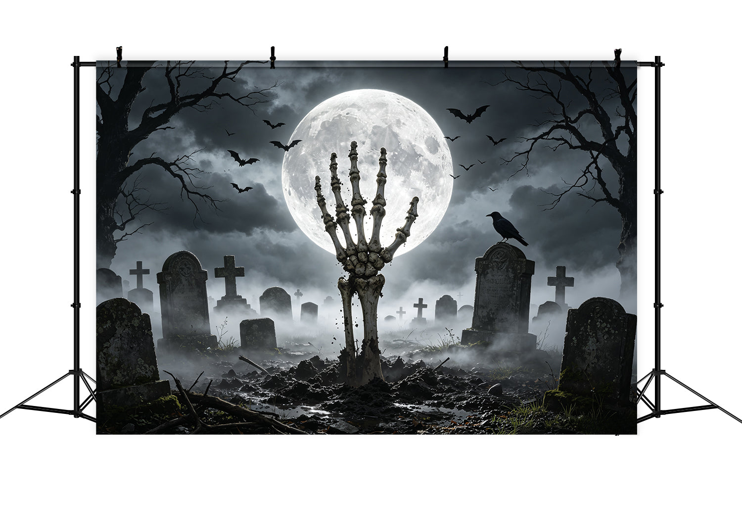 Halloween Graveyard Backdrops Moonlit Skeleton Hand Creepy Backdrops UK GQ67-84