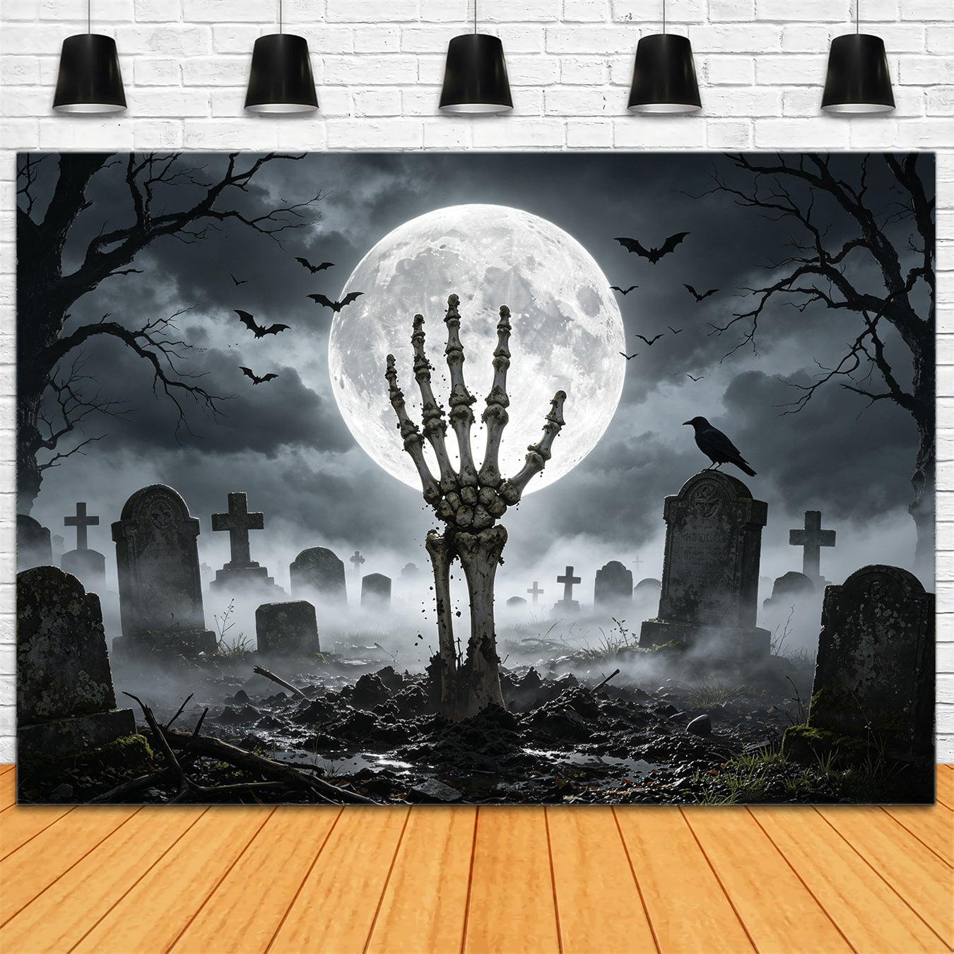 Halloween Graveyard Backdrops Moonlit Skeleton Hand Creepy Backdrops UK GQ67-84