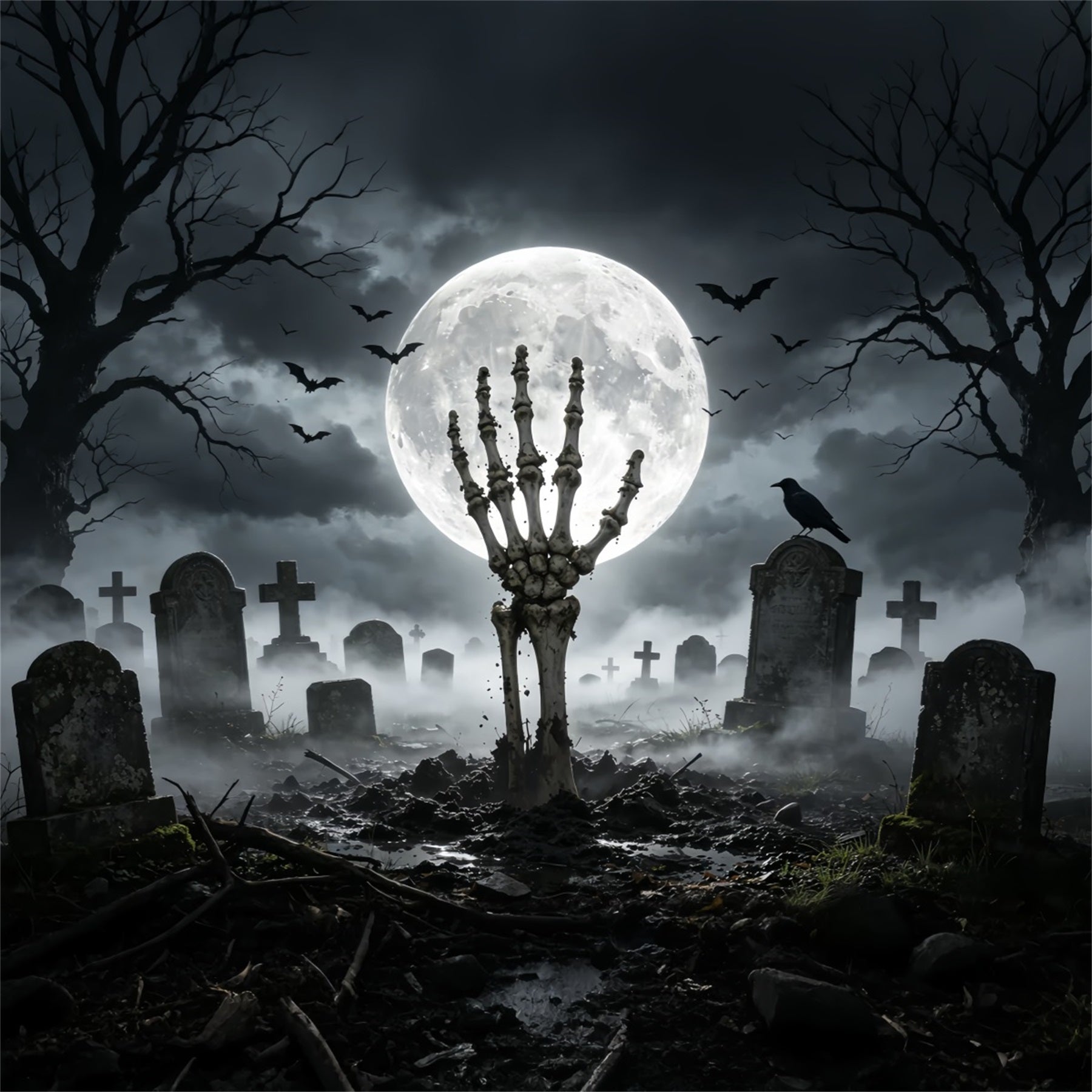 Halloween Graveyard Backdrops Moonlit Skeleton Hand Creepy Backdrops UK GQ67-84