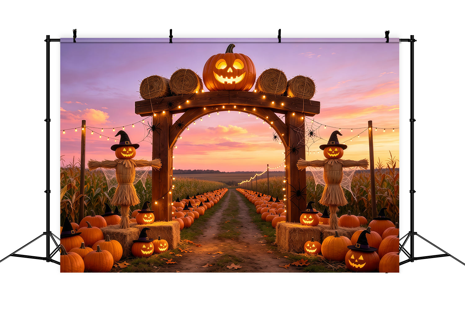 Pumpkin Patch Backdrop Ideas Sunset Scarecrow Farm Photography Halloween Backdrop UK GQ67-87