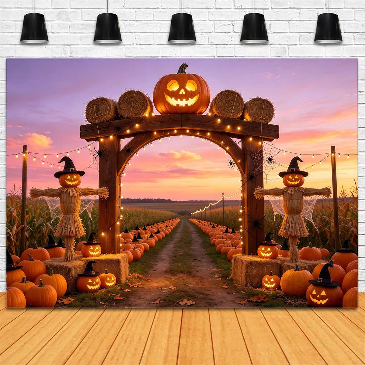 Pumpkin Patch Backdrop Ideas Sunset Scarecrow Farm Photography Halloween Backdrop UK GQ67-87