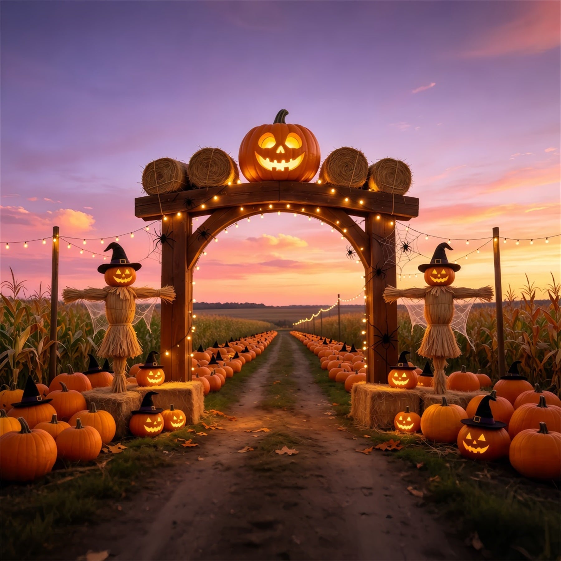 Pumpkin Patch Backdrop Ideas Sunset Scarecrow Farm Photography Halloween Backdrop UK GQ67-87