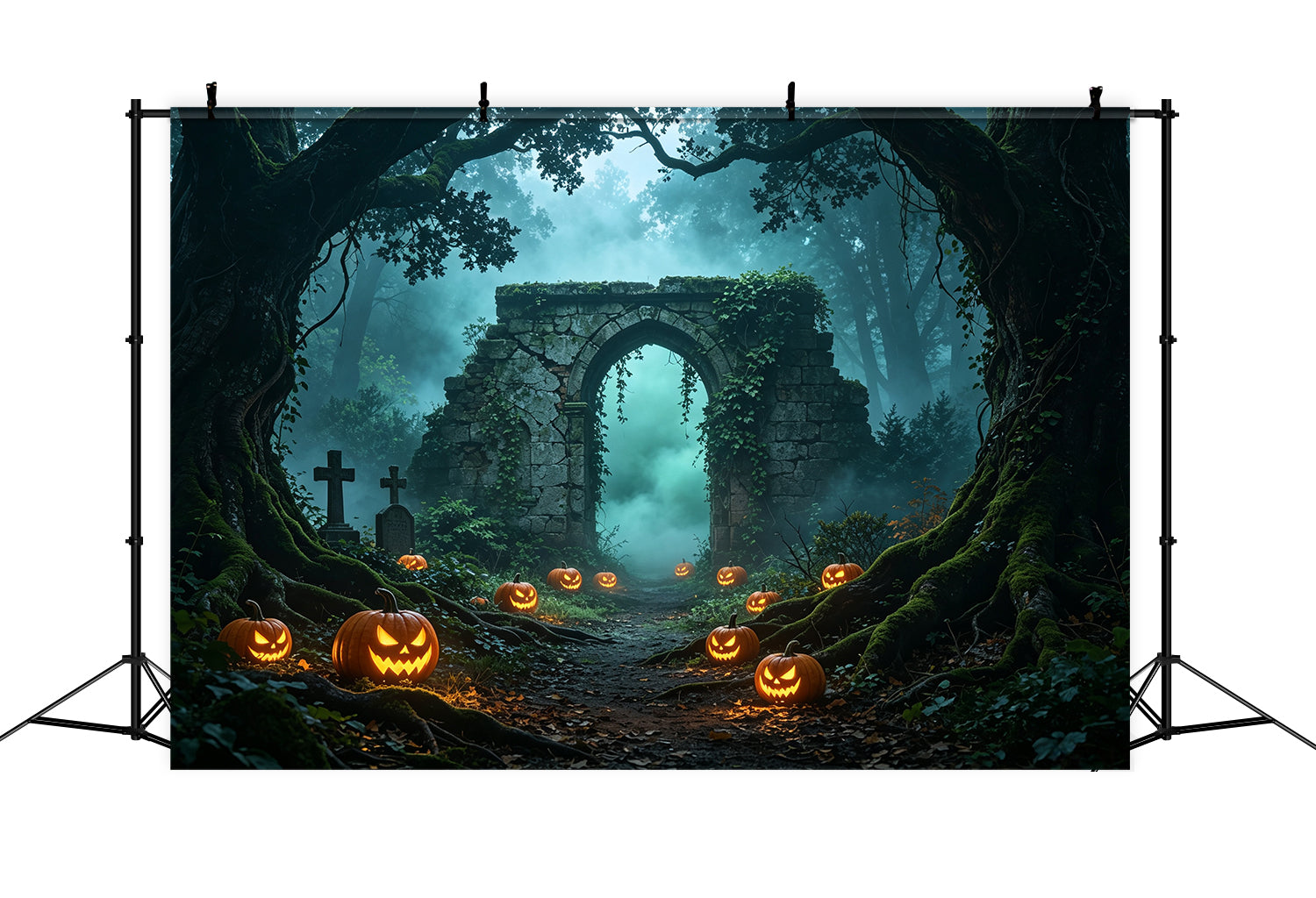 Halloween Forest Backdrop Misty Pumpkin Ruins Path Halloween Wall Backdrops UK GQ67-88