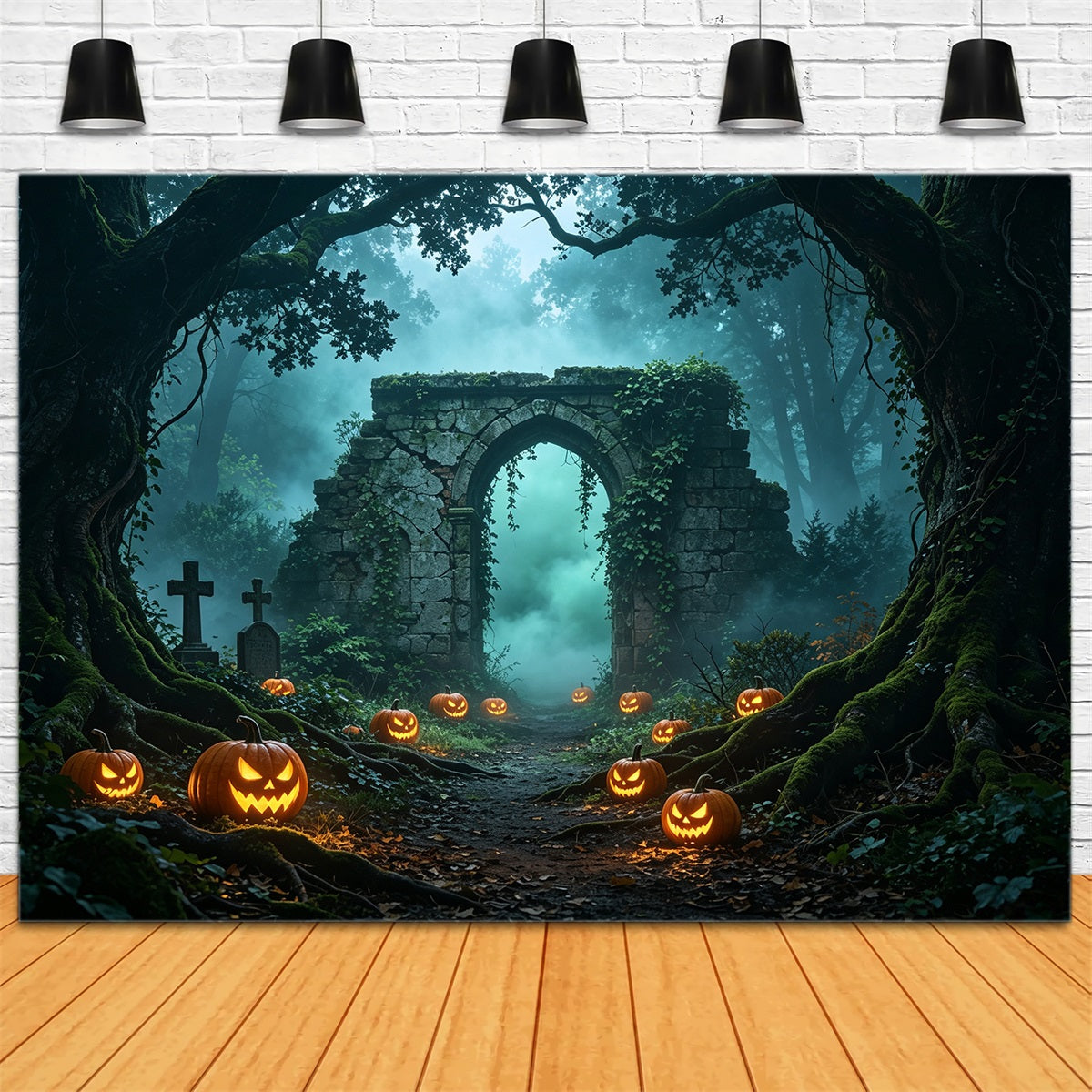 Halloween Forest Backdrop Misty Pumpkin Ruins Path Halloween Wall Backdrops UK GQ67-88