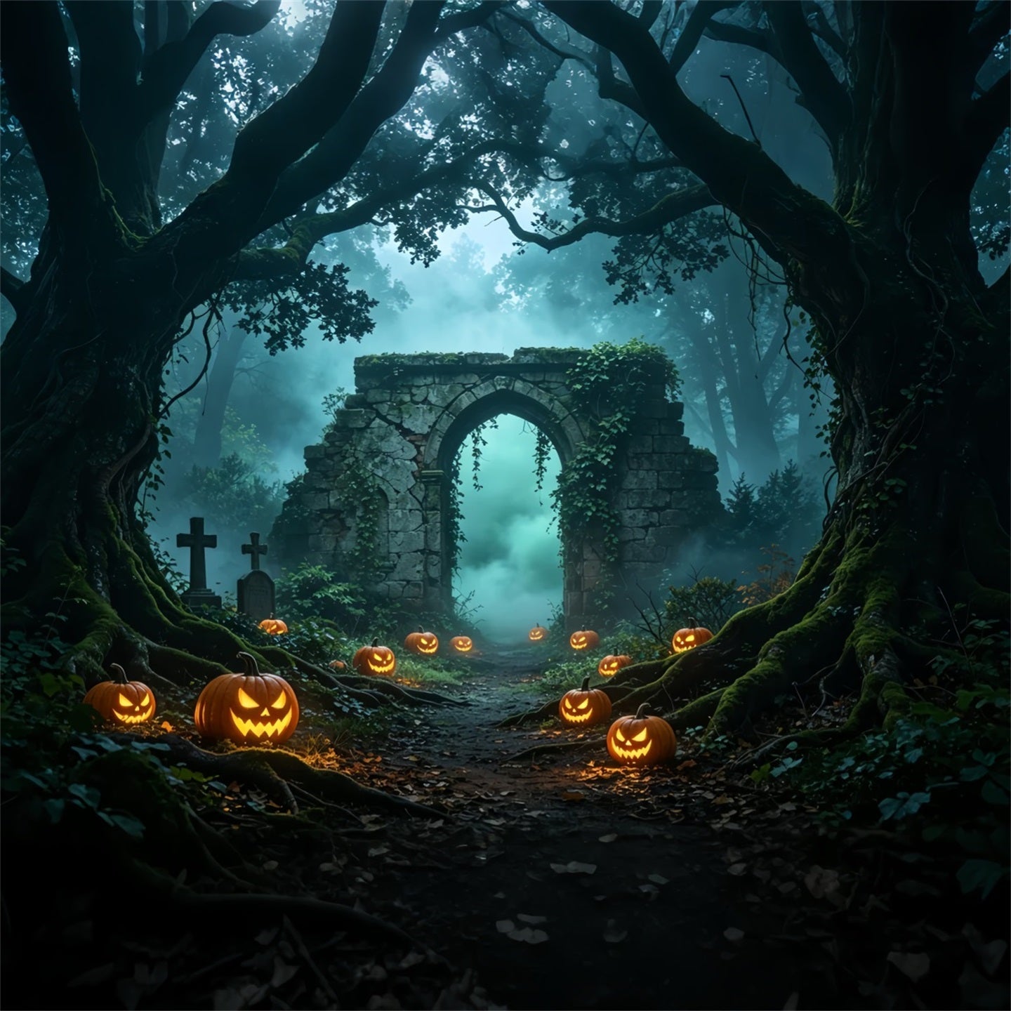 Halloween Forest Backdrop Misty Pumpkin Ruins Path Halloween Wall Backdrops UK GQ67-88