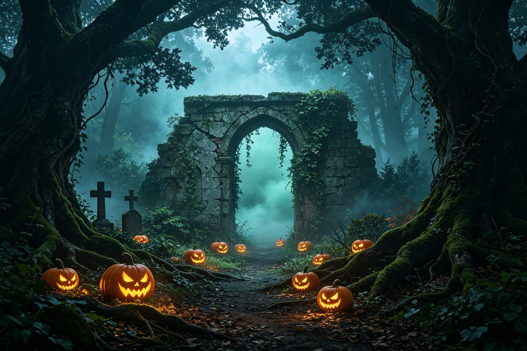 Halloween Forest Backdrop Misty Pumpkin Ruins Path Halloween Wall Backdrops UK GQ67-88