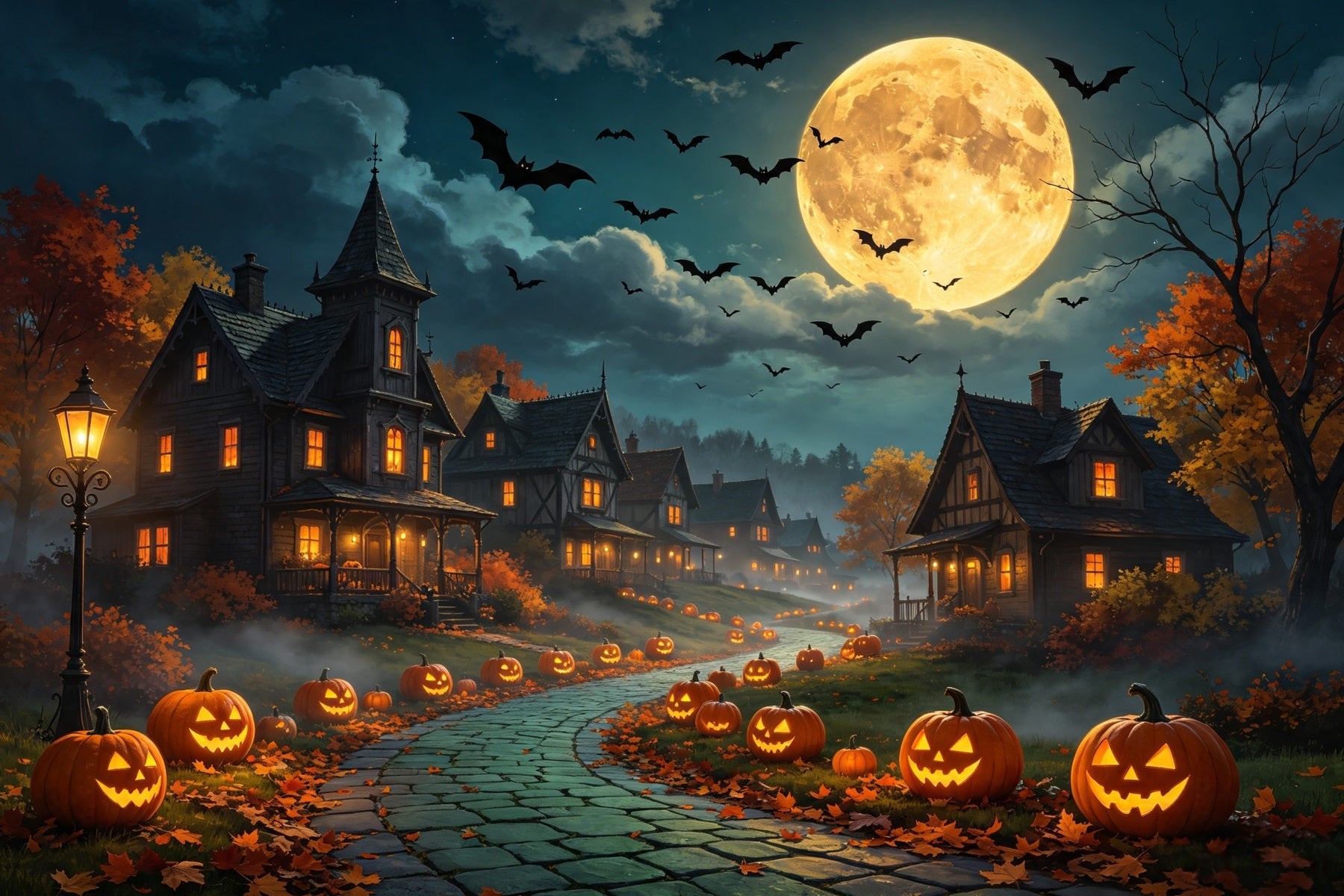 Halloween Village Backdrops Moonlit Pumpkin Road Diy Halloween Backdrop UK GQ67-90