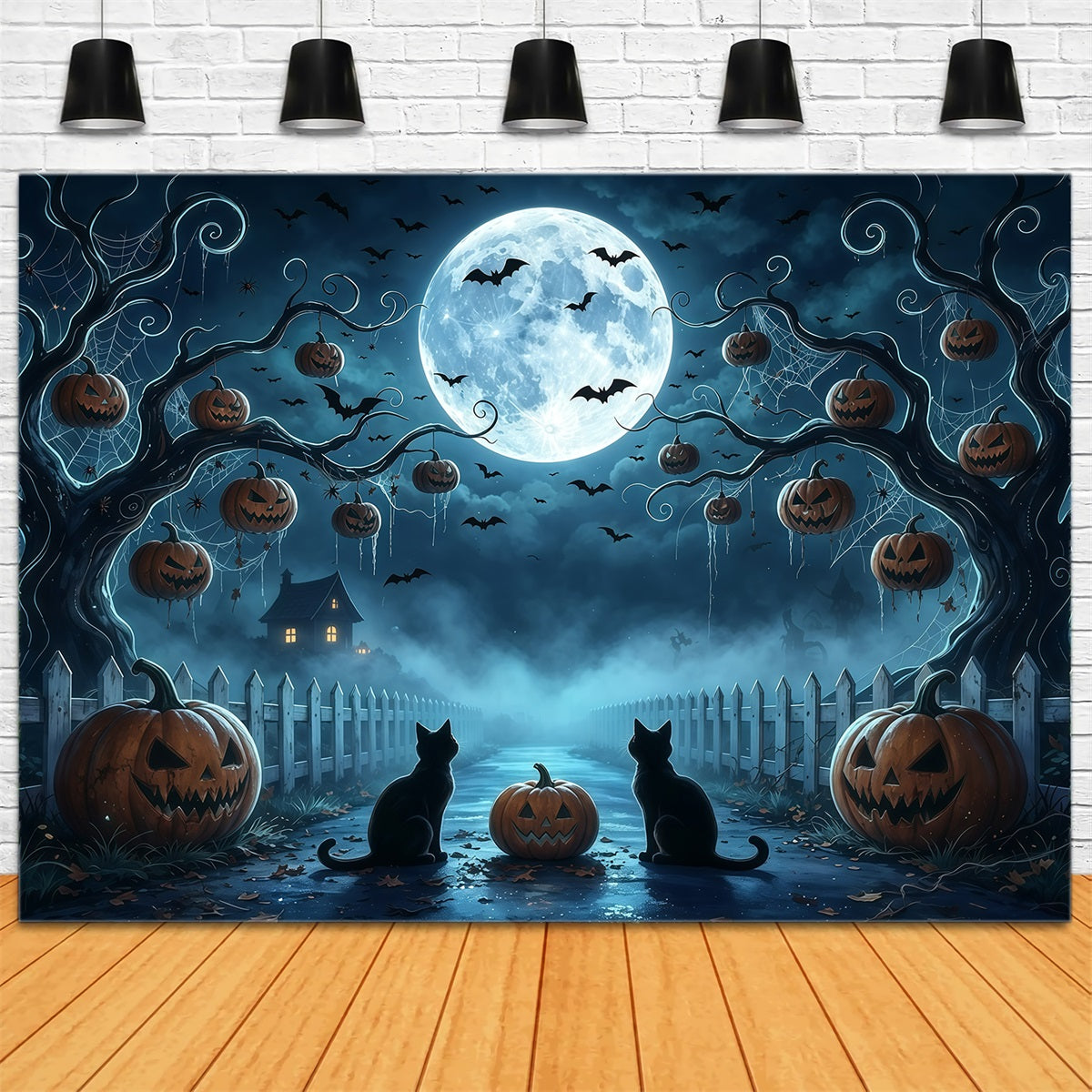 Spooky Tree Backdrop Moonlit Cat Pumpkin Path 10x10 Halloween Backdrop UK GQ67-91