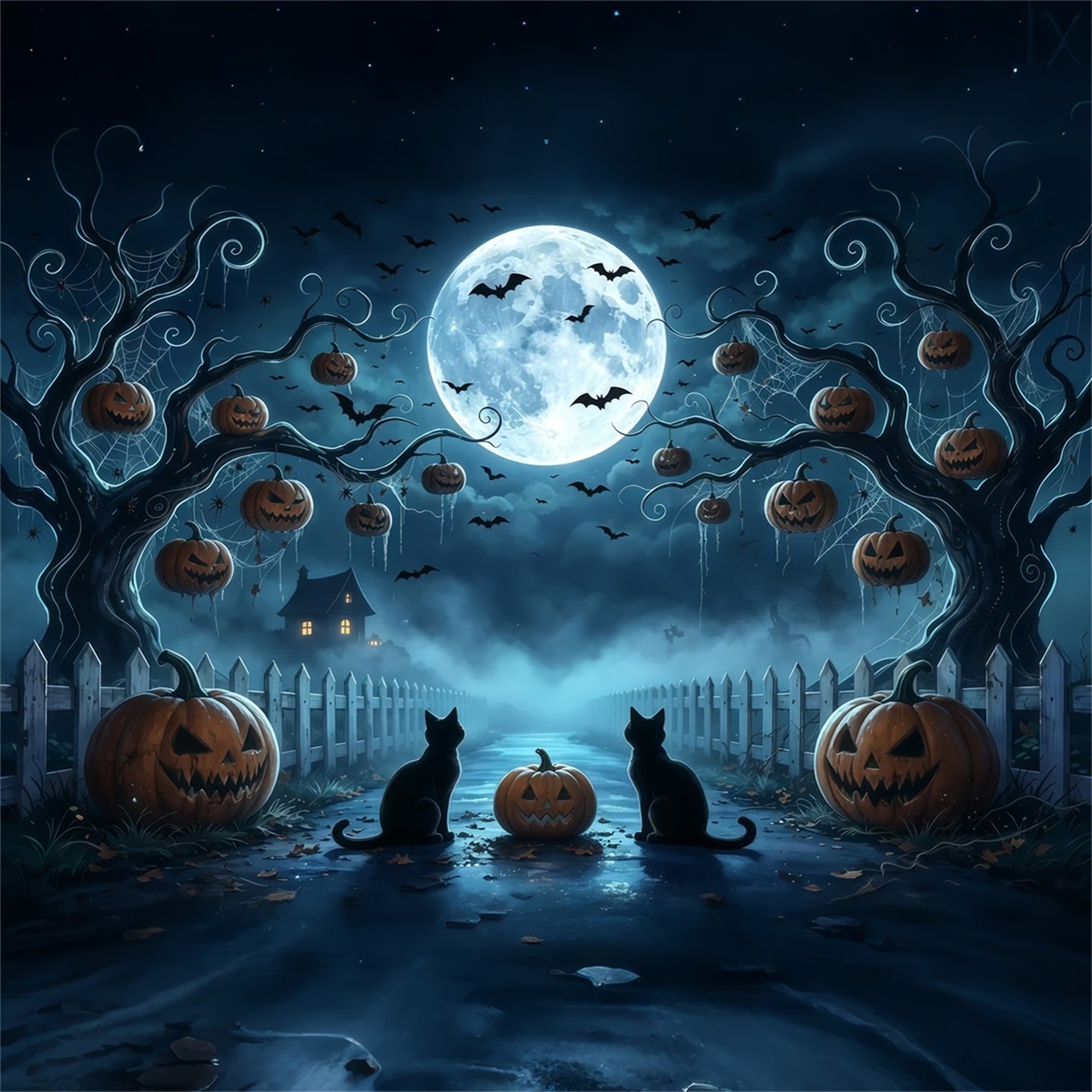 Spooky Tree Backdrop Moonlit Cat Pumpkin Path 10x10 Halloween Backdrop UK GQ67-91