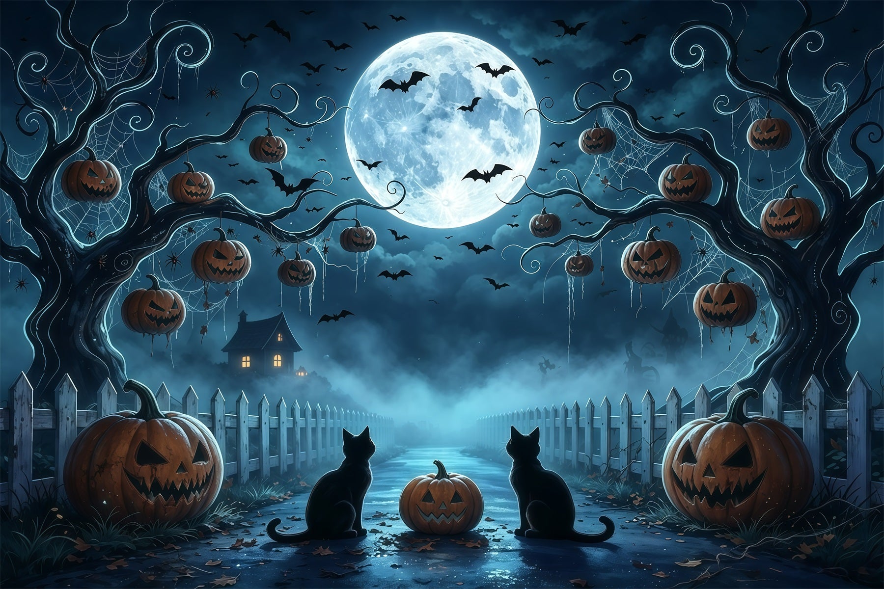 Spooky Tree Backdrop Moonlit Cat Pumpkin Path 10x10 Halloween Backdrop UK GQ67-91