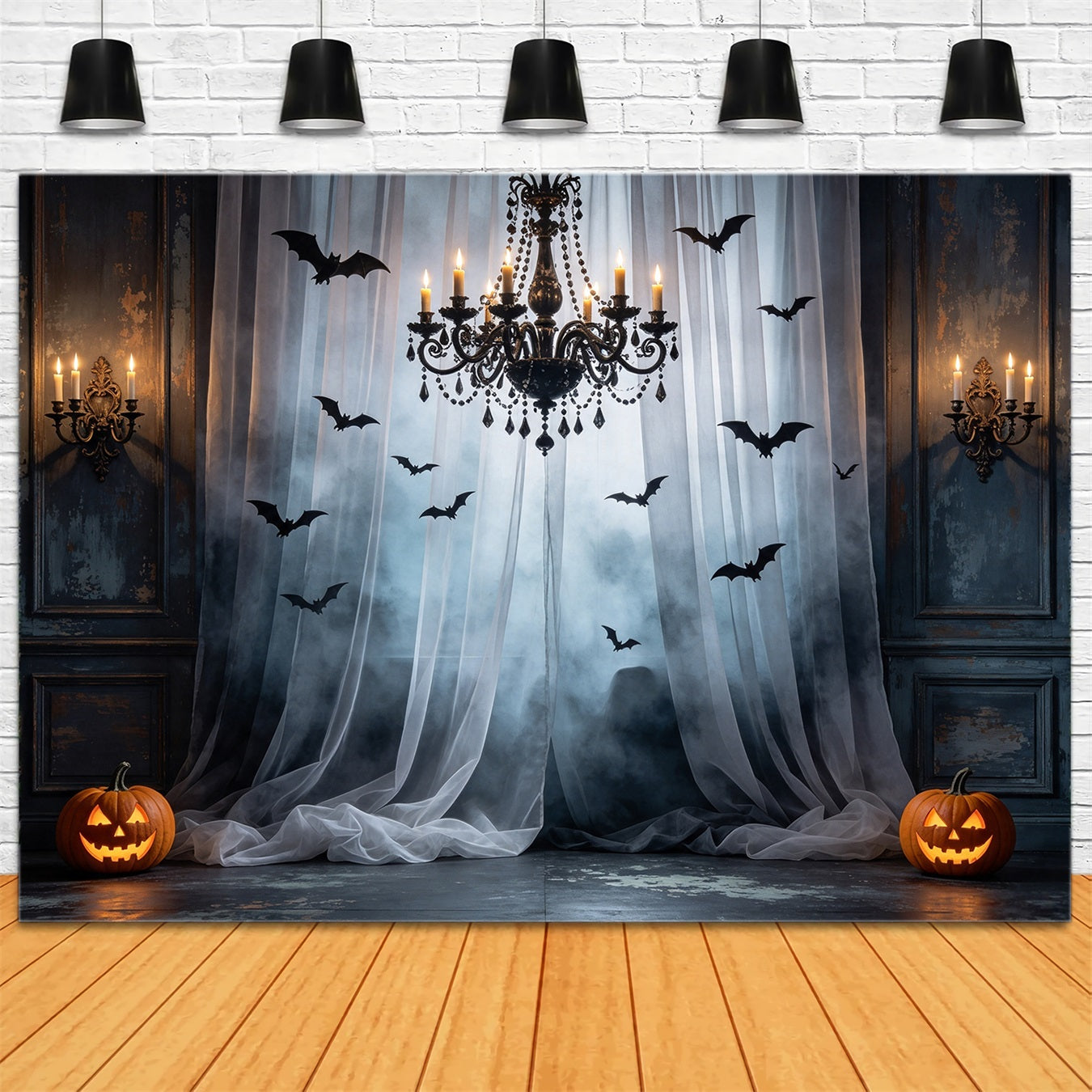 Bat Backdrop Foggy Curtain Chandelier Hall Halloween Scary Backdrop UK GQ67-92