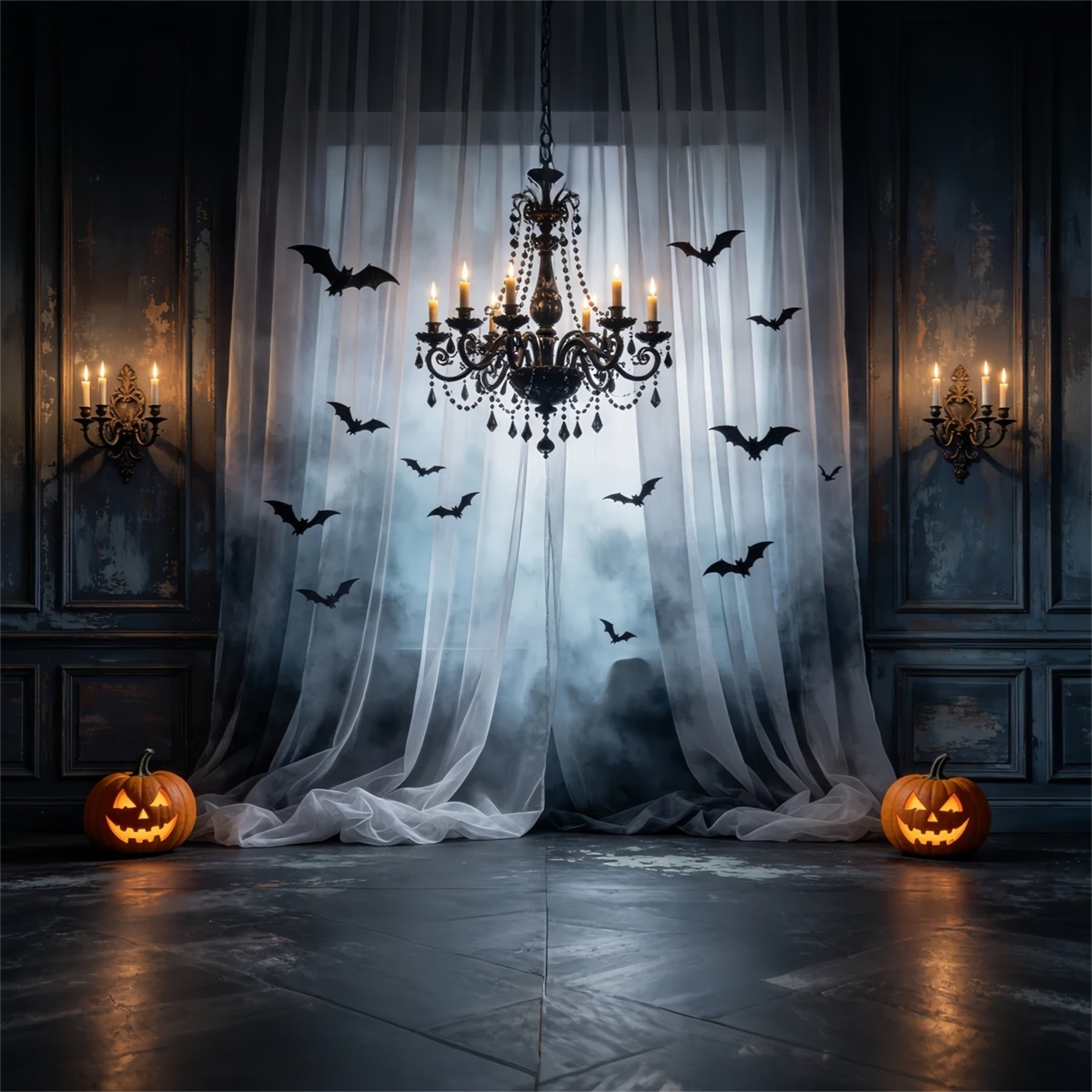 Bat Backdrop Foggy Curtain Chandelier Hall Halloween Scary Backdrop UK GQ67-92