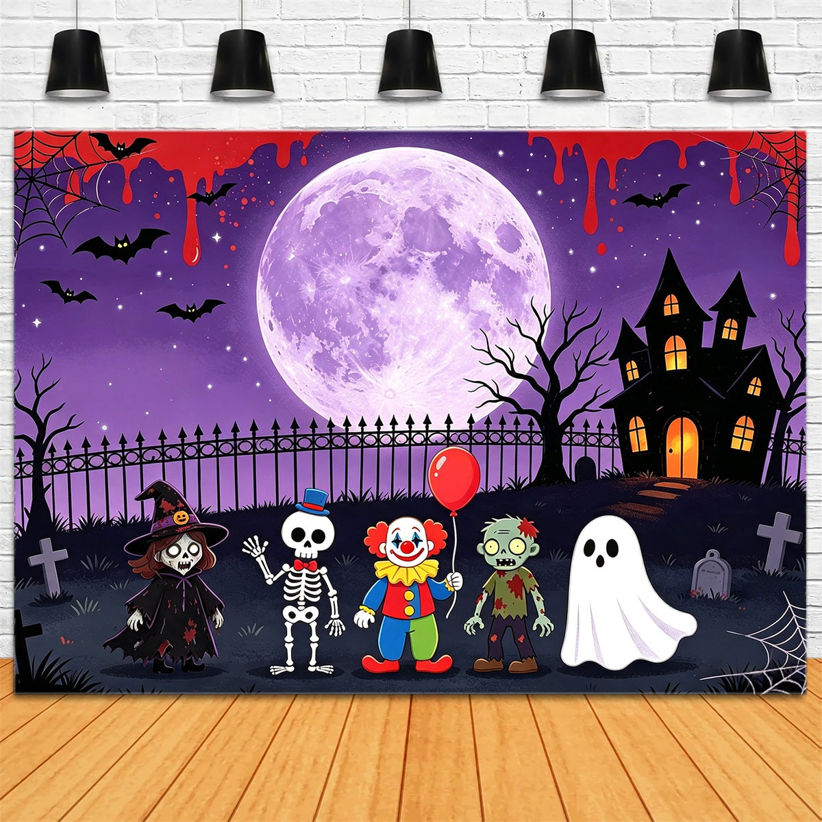 Ghost Stage Backdrop Cartoon Monster Moonlit Gathering Purple Halloween Backdrop UK GQ67-93