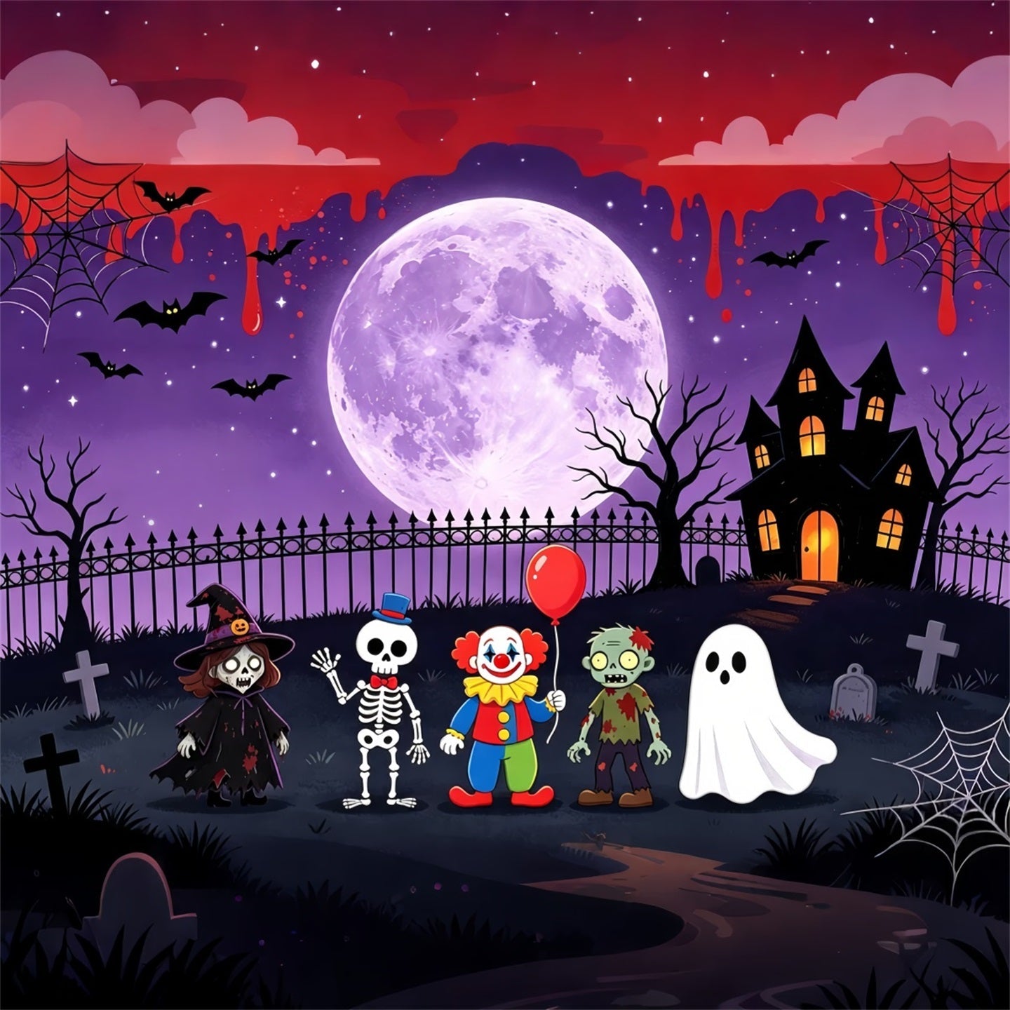 Ghost Stage Backdrop Cartoon Monster Moonlit Gathering Purple Halloween Backdrop UK GQ67-93