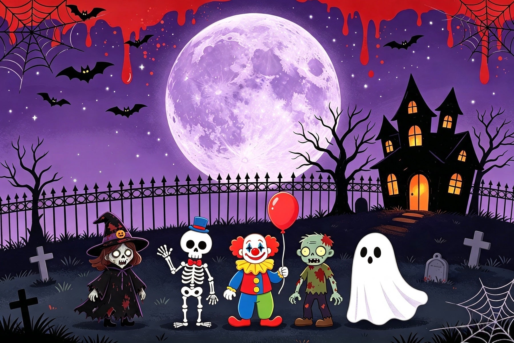 Ghost Stage Backdrop Cartoon Monster Moonlit Gathering Purple Halloween Backdrop UK GQ67-93