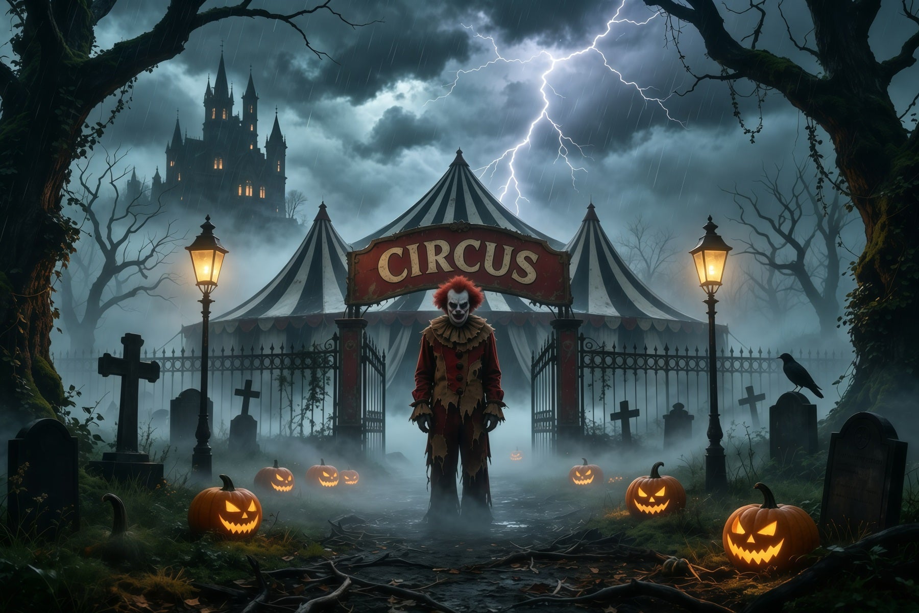 Halloween Clown Backdrop Stormy Circus Tent Graveyard Creepy Halloween Backdrop UK GQ67-94