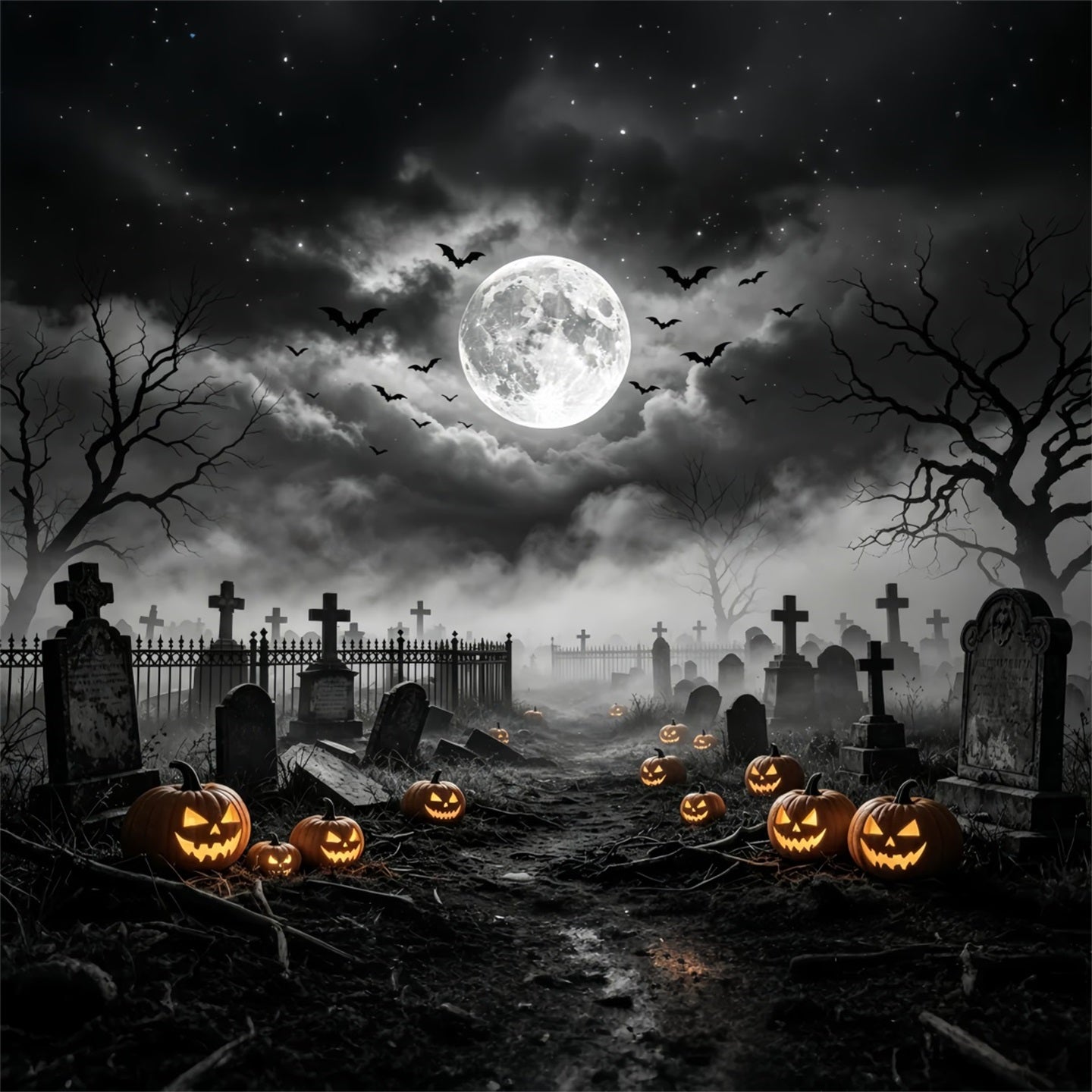 Tomb Backdrop Moonlit Pumpkin Graveyard Path Magician Backdrop UK GQ67-95