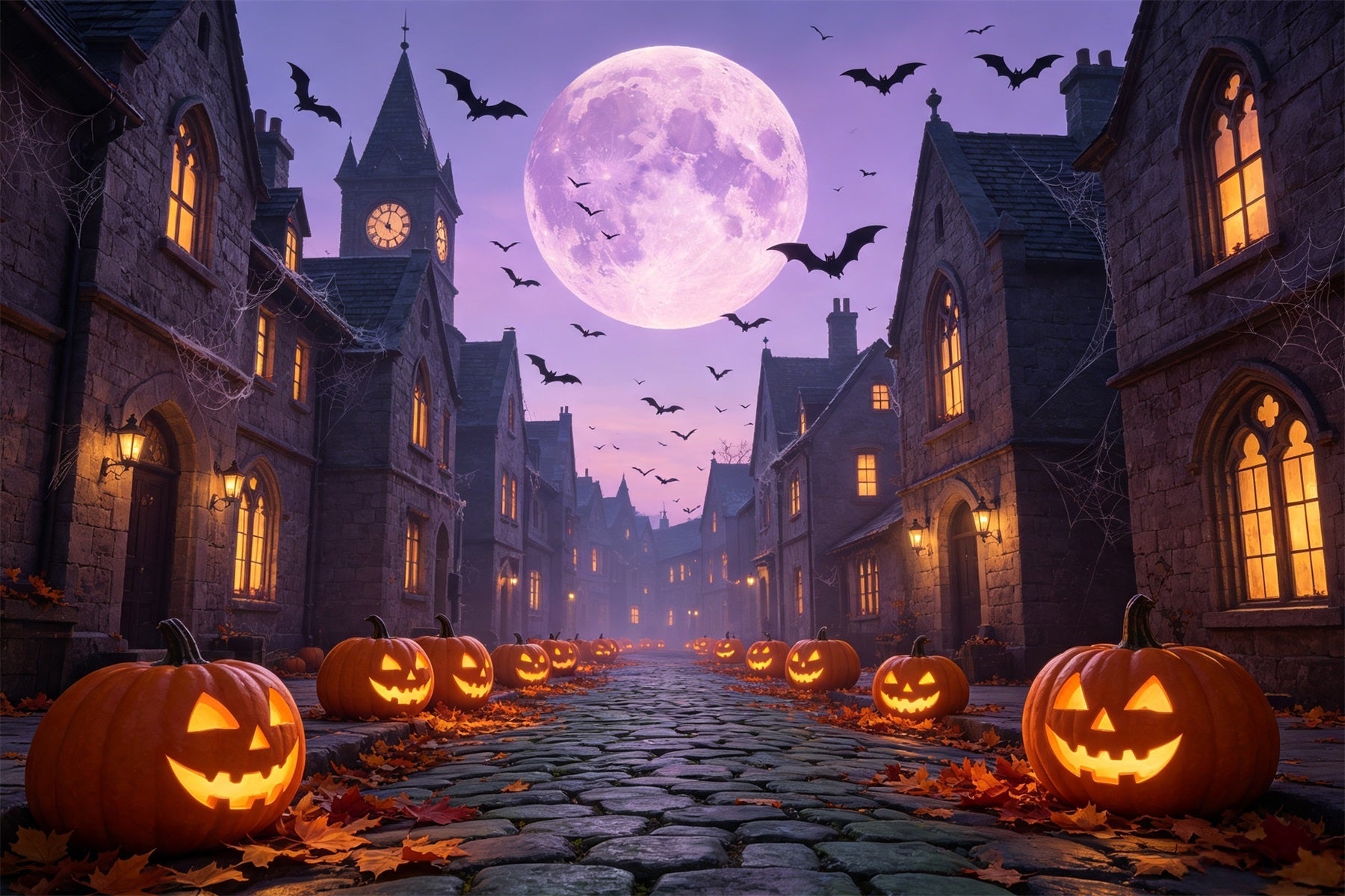 Bats Backdrop Purple Moonlit Pumpkin Street Backdrop For Halloween UK GQ67-97