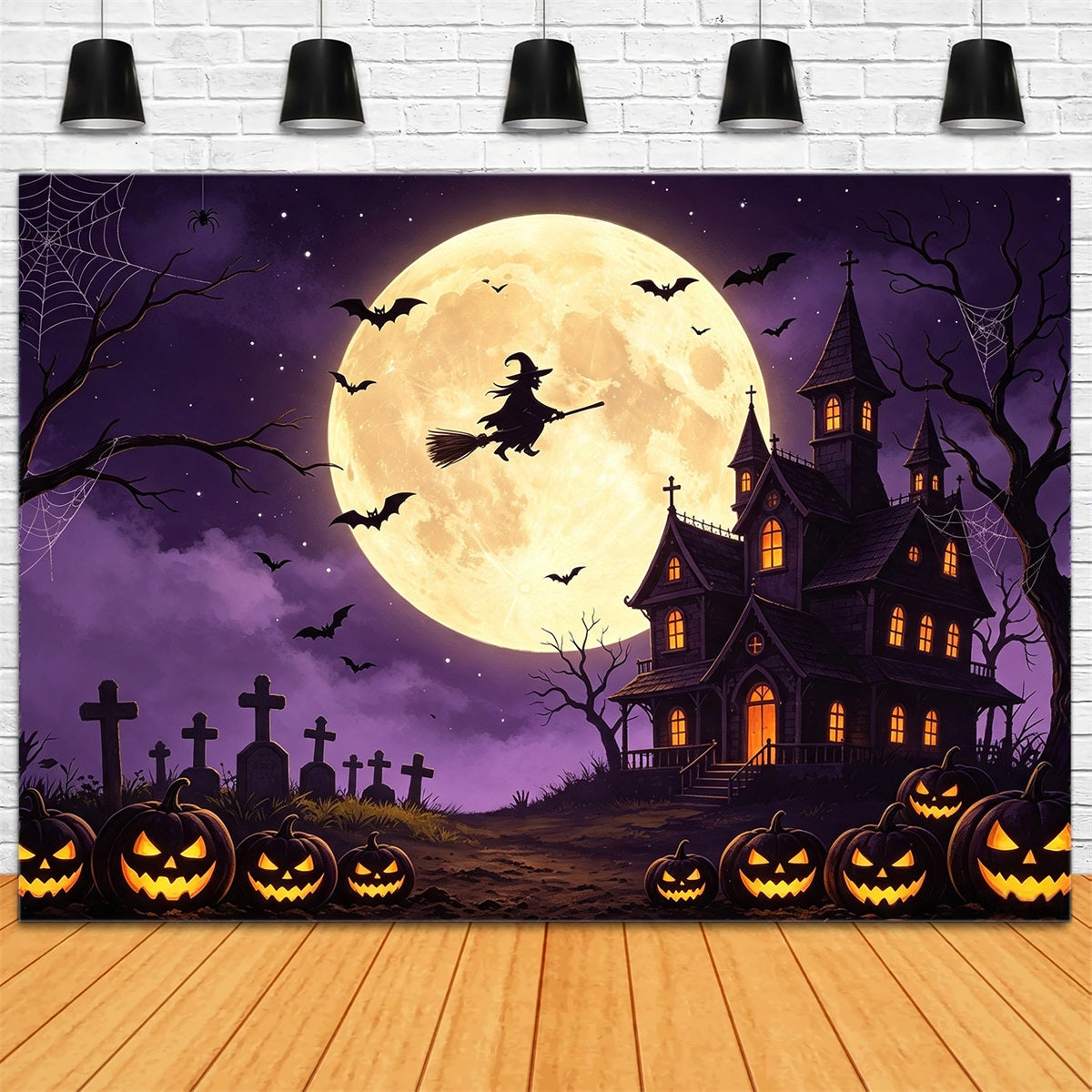Spooky Sky Backdrop Flying Witch Pumpkin Manor Happy Halloween Backdrop UK GQ67-98