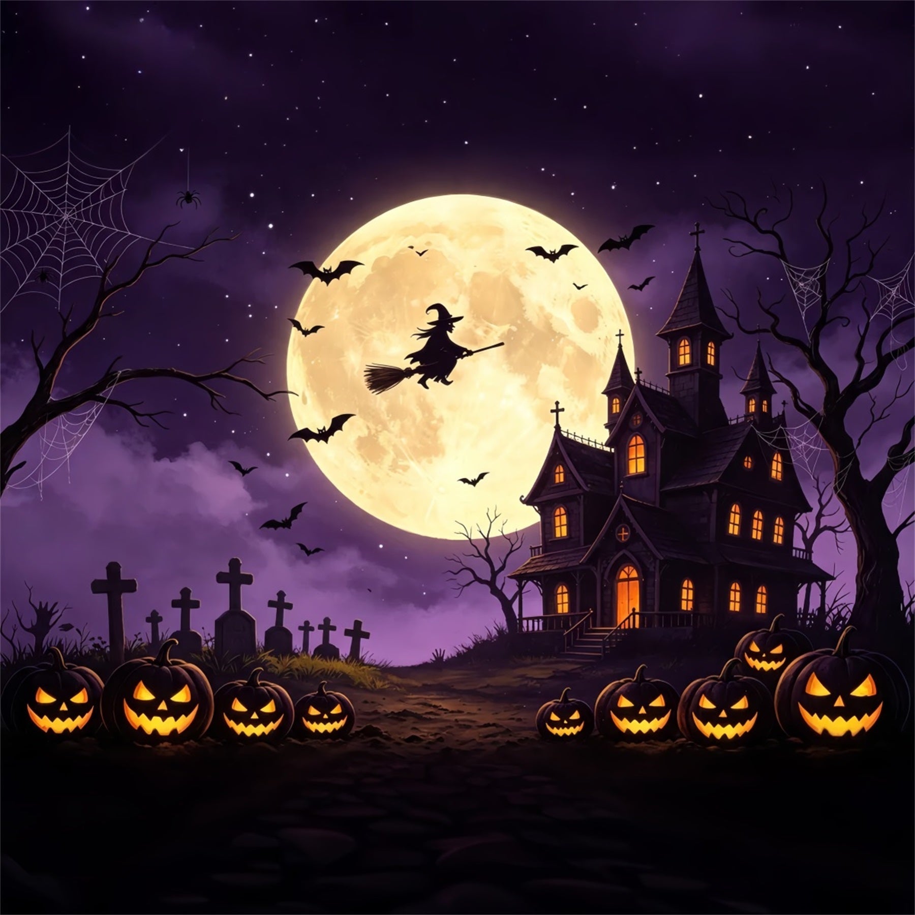 Spooky Sky Backdrop Flying Witch Pumpkin Manor Happy Halloween Backdrop UK GQ67-98