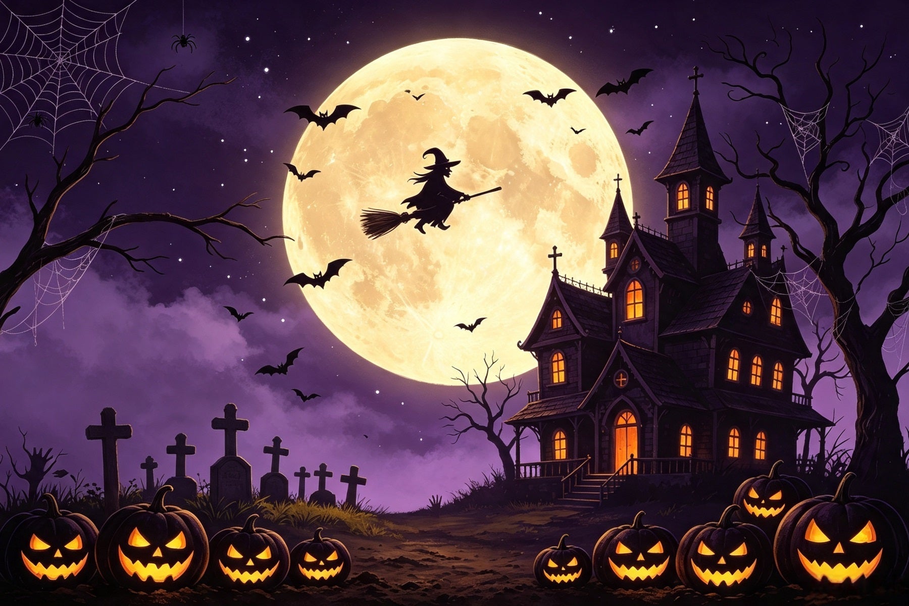 Spooky Sky Backdrop Flying Witch Pumpkin Manor Happy Halloween Backdrop UK GQ67-98
