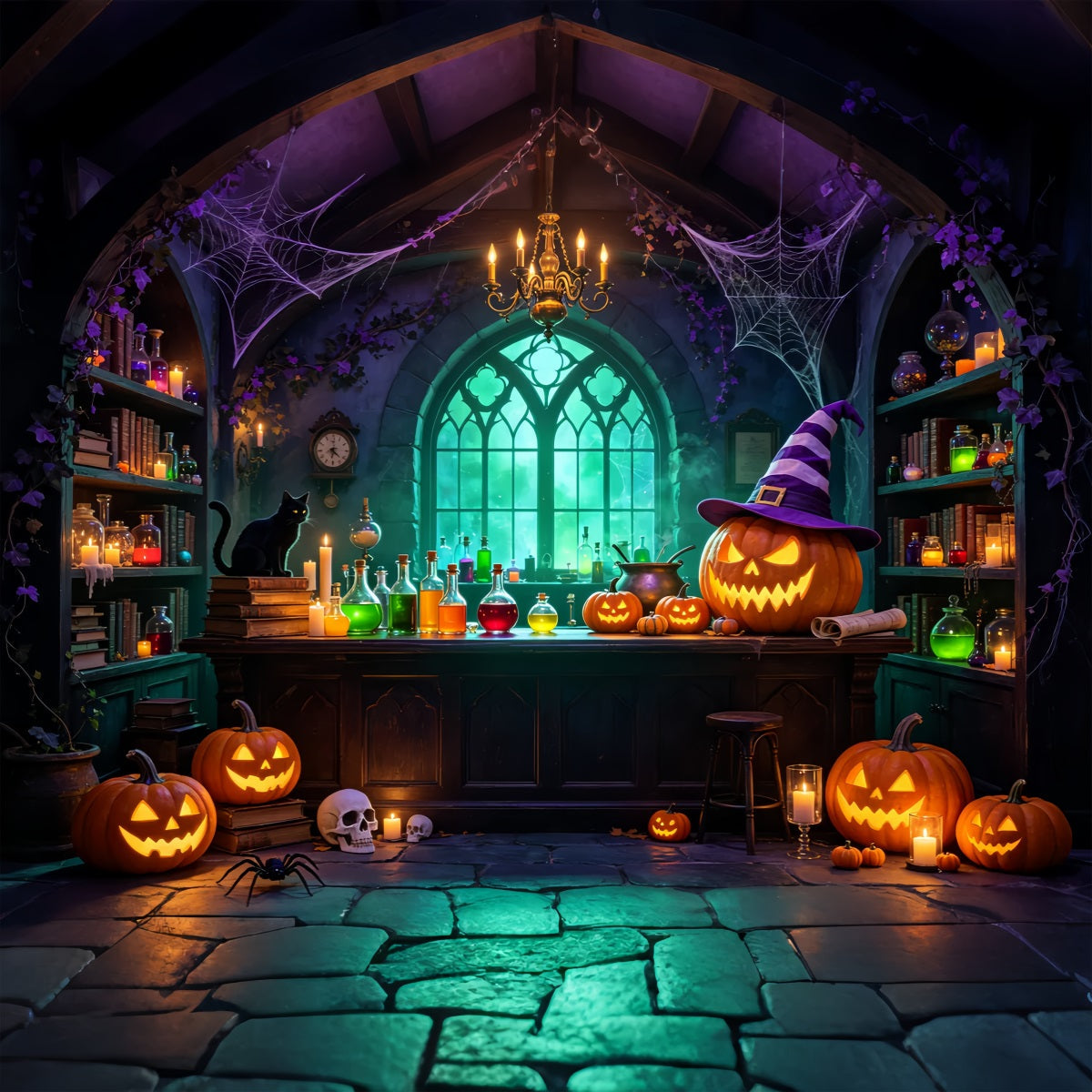 Witches Kitchen Backdrop Banner Glowing Pumpkin Potion Laboratory Magic Show Backdrops UK GQ67-99