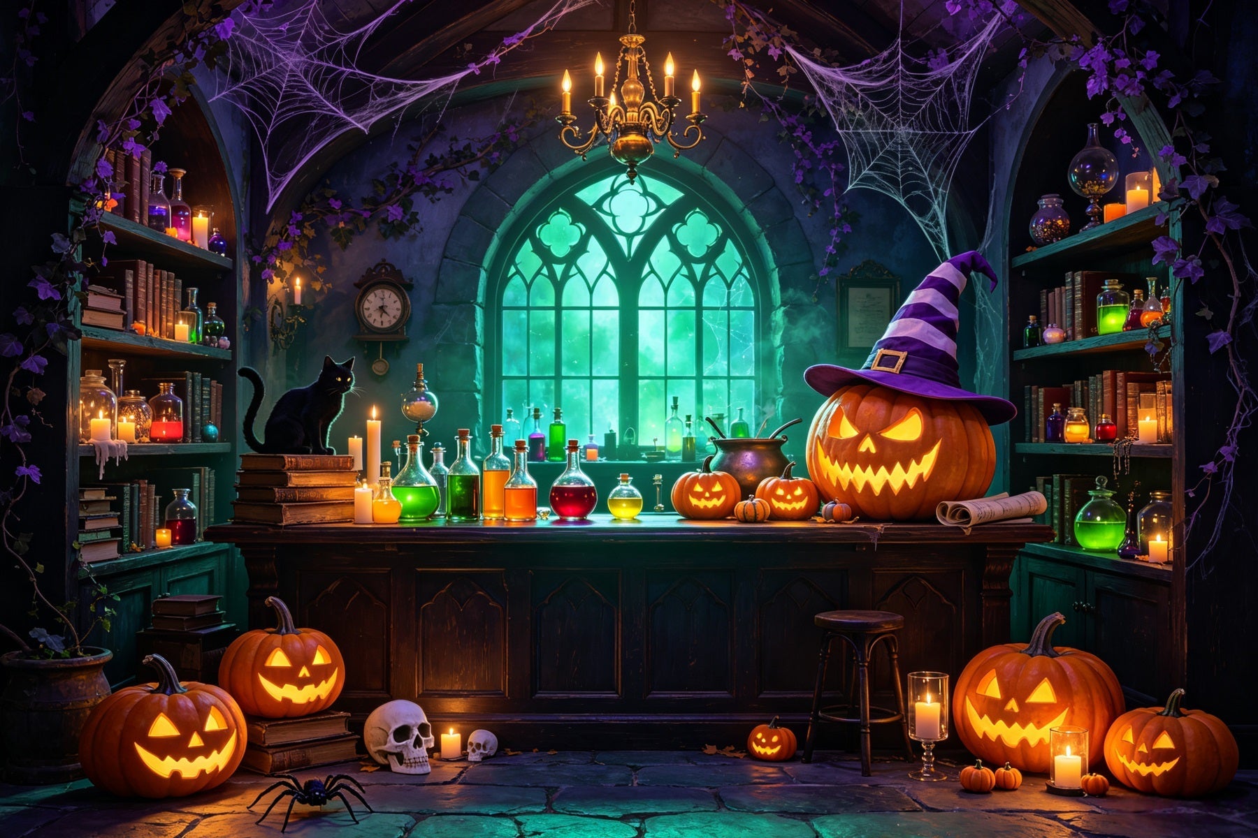 Witches Kitchen Backdrop Banner Glowing Pumpkin Potion Laboratory Magic Show Backdrops UK GQ67-99
