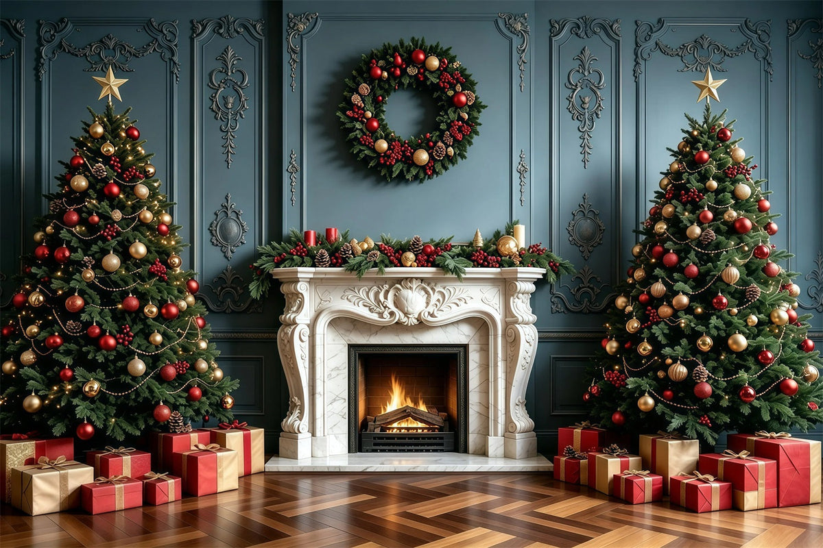 Christmas Fireplace Backdrop Elegant Blue Wall Garland Photo Christmas Backdrop UK GQ68-100