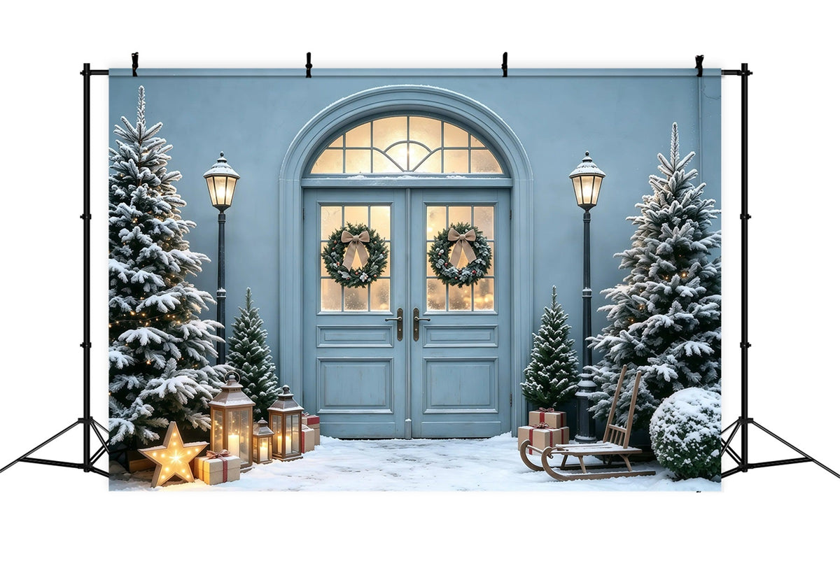 Blue Christmas Backdrop Snowy Pine Doorway Glow Photo Christmas Backdrops UK GQ68-101