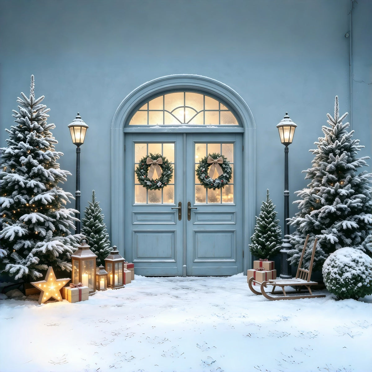 Blue Christmas Backdrop Snowy Pine Doorway Glow Photo Christmas Backdrops UK GQ68-101