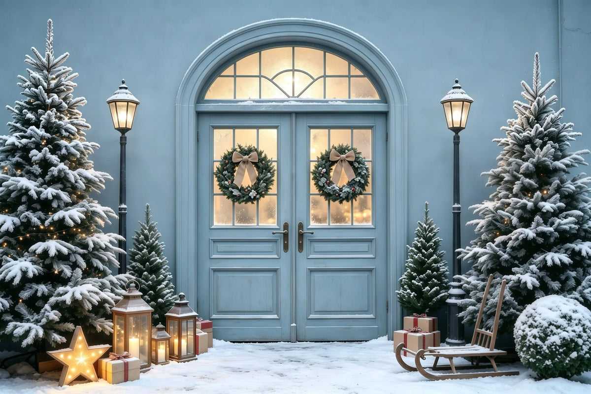 Blue Christmas Backdrop Snowy Pine Doorway Glow Photo Christmas Backdrops UK GQ68-101