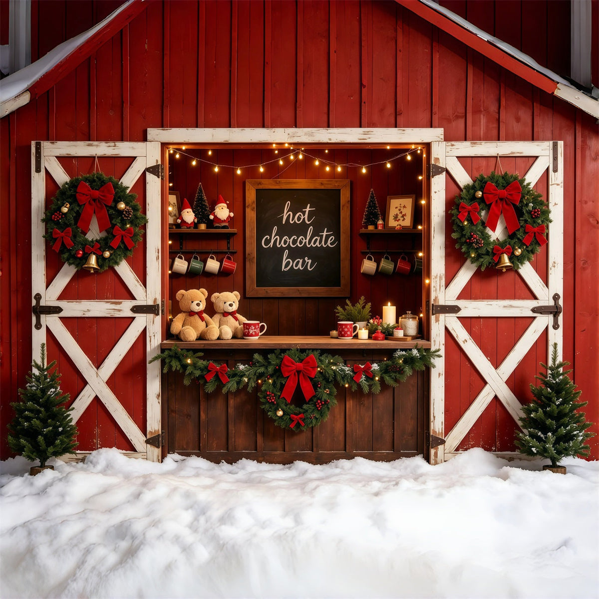 Red Christmas Backdrop Rustic Barn Chocolate Bar Christmas Studio Backdrops UK GQ68-102
