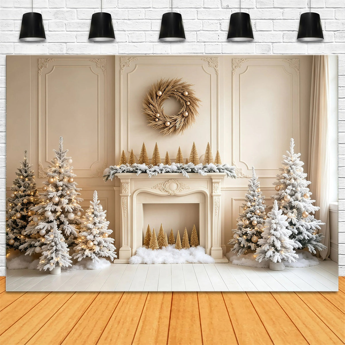 White Christmas Backdrop Fireplace Pine Trees Wall Studio Christmas Backdrop UK GQ68-103