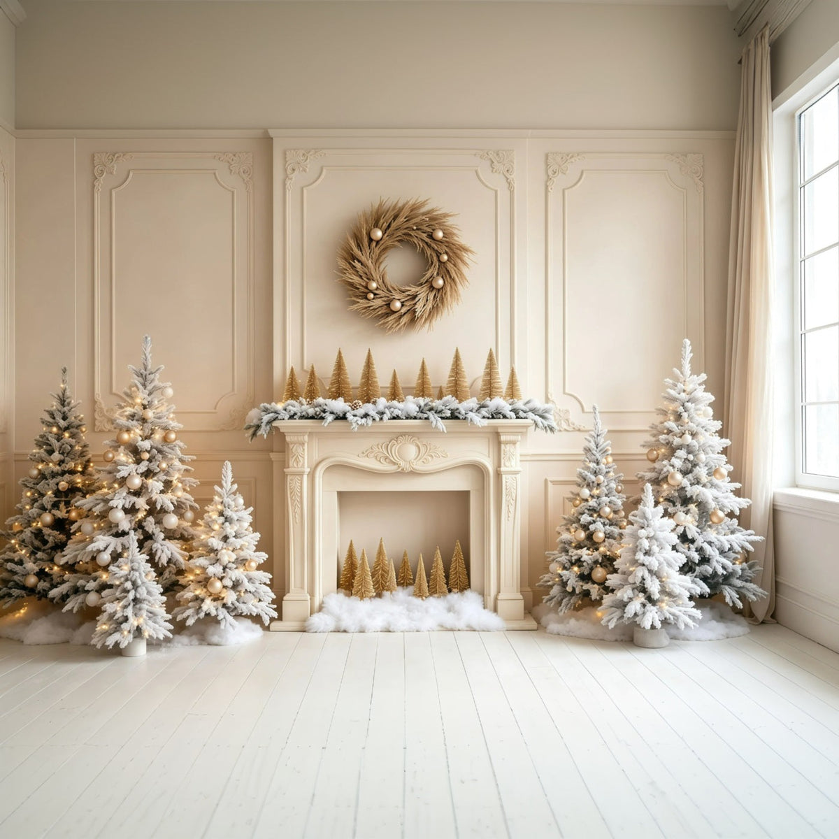 White Christmas Backdrop Fireplace Pine Trees Wall Studio Christmas Backdrop UK GQ68-103