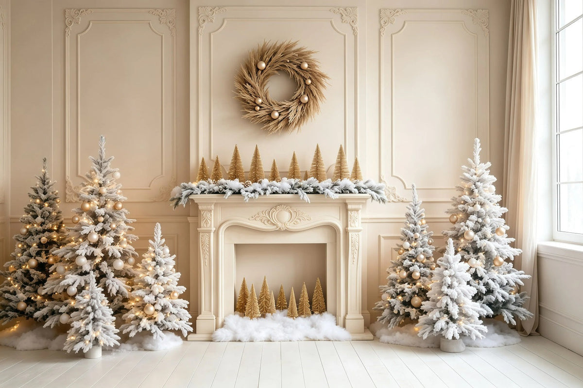 White Christmas Backdrop Fireplace Pine Trees Wall Studio Christmas Backdrop UK GQ68-103