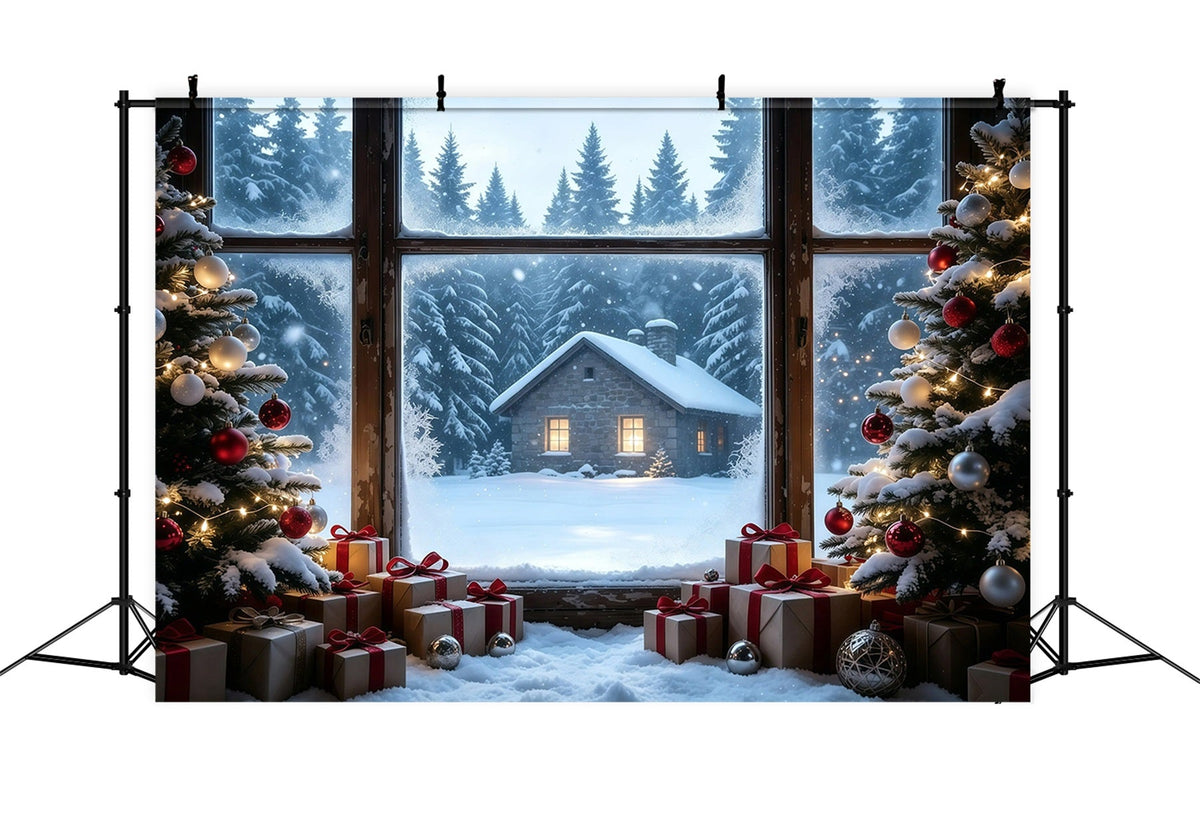 Rustic Christmas Backdrop Snowy Cabin Window View Studio Christmas Backdrops UK GQ68-104