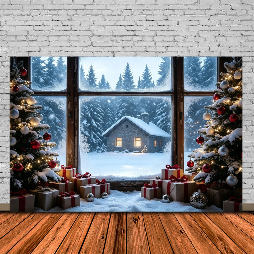 Rustic Christmas Backdrop Snowy Cabin Window View Studio Christmas Backdrops UK GQ68-104