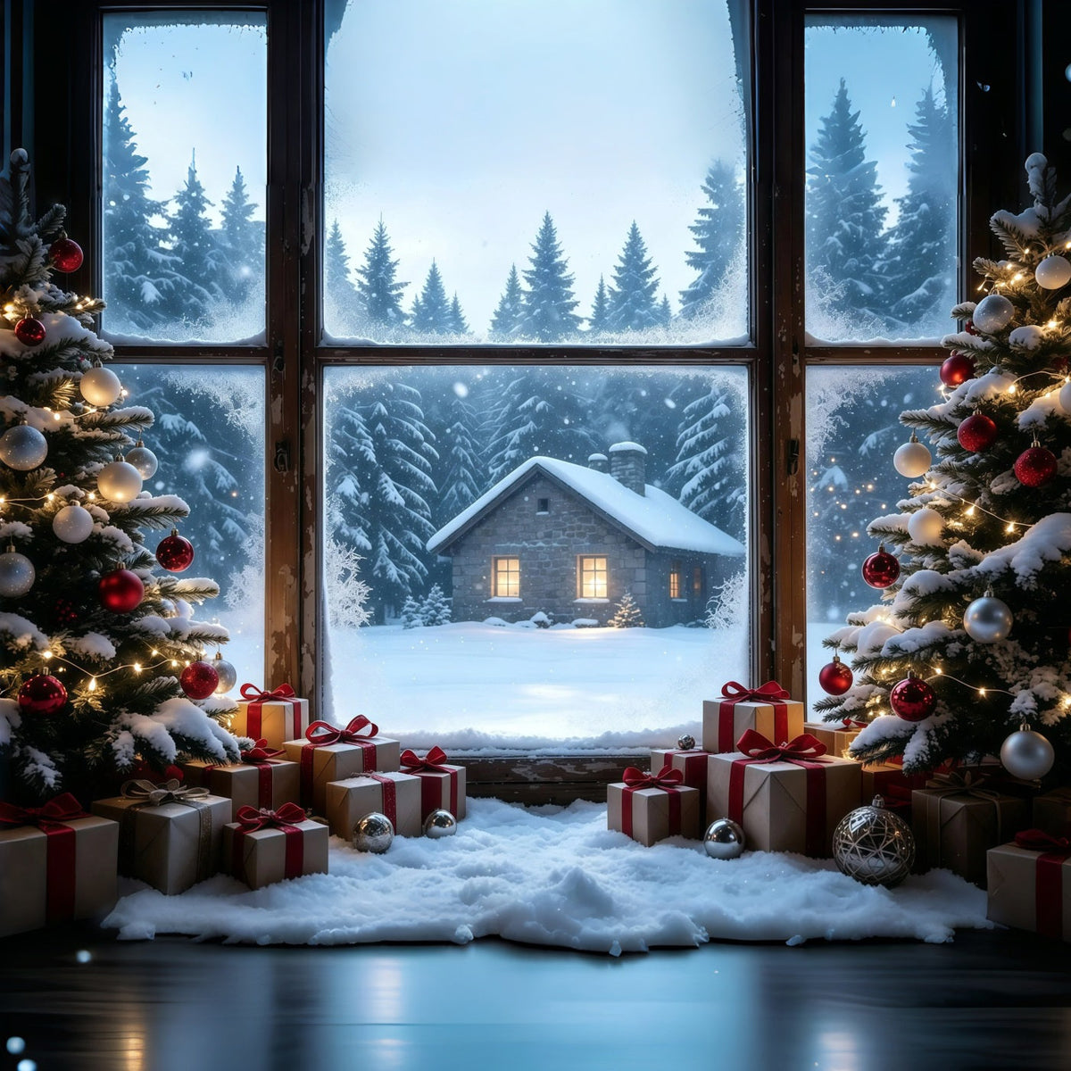 Rustic Christmas Backdrop Snowy Cabin Window View Studio Christmas Backdrops UK GQ68-104