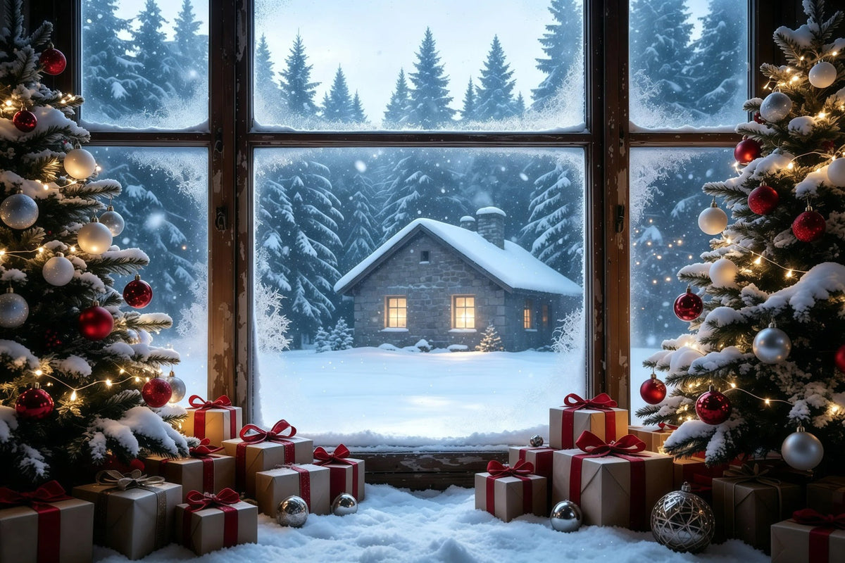 Rustic Christmas Backdrop Snowy Cabin Window View Studio Christmas Backdrops UK GQ68-104