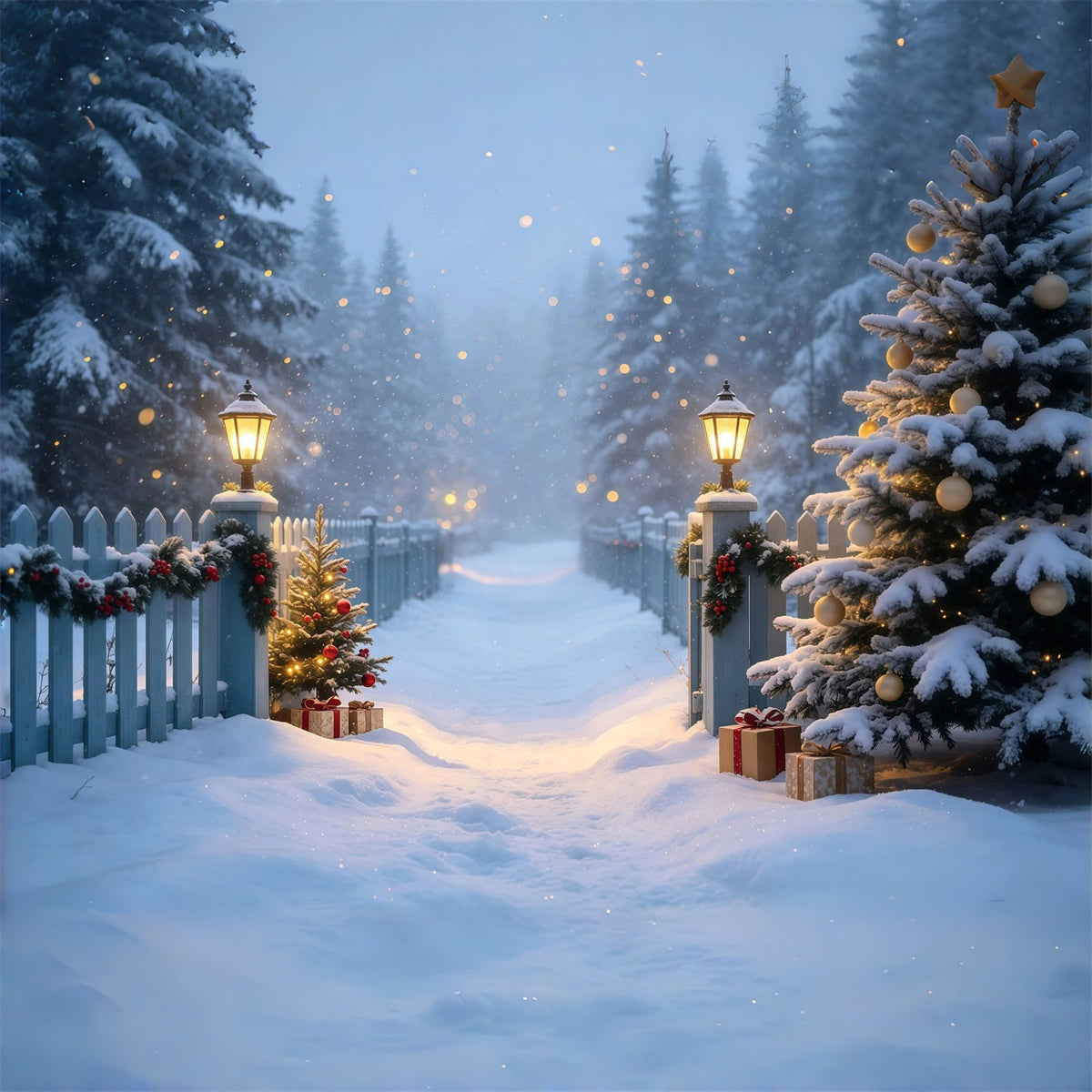 Snowy Christmas Backdrop Lantern Garden Snow Path Christmas Photo Backdrop UK GQ68-105