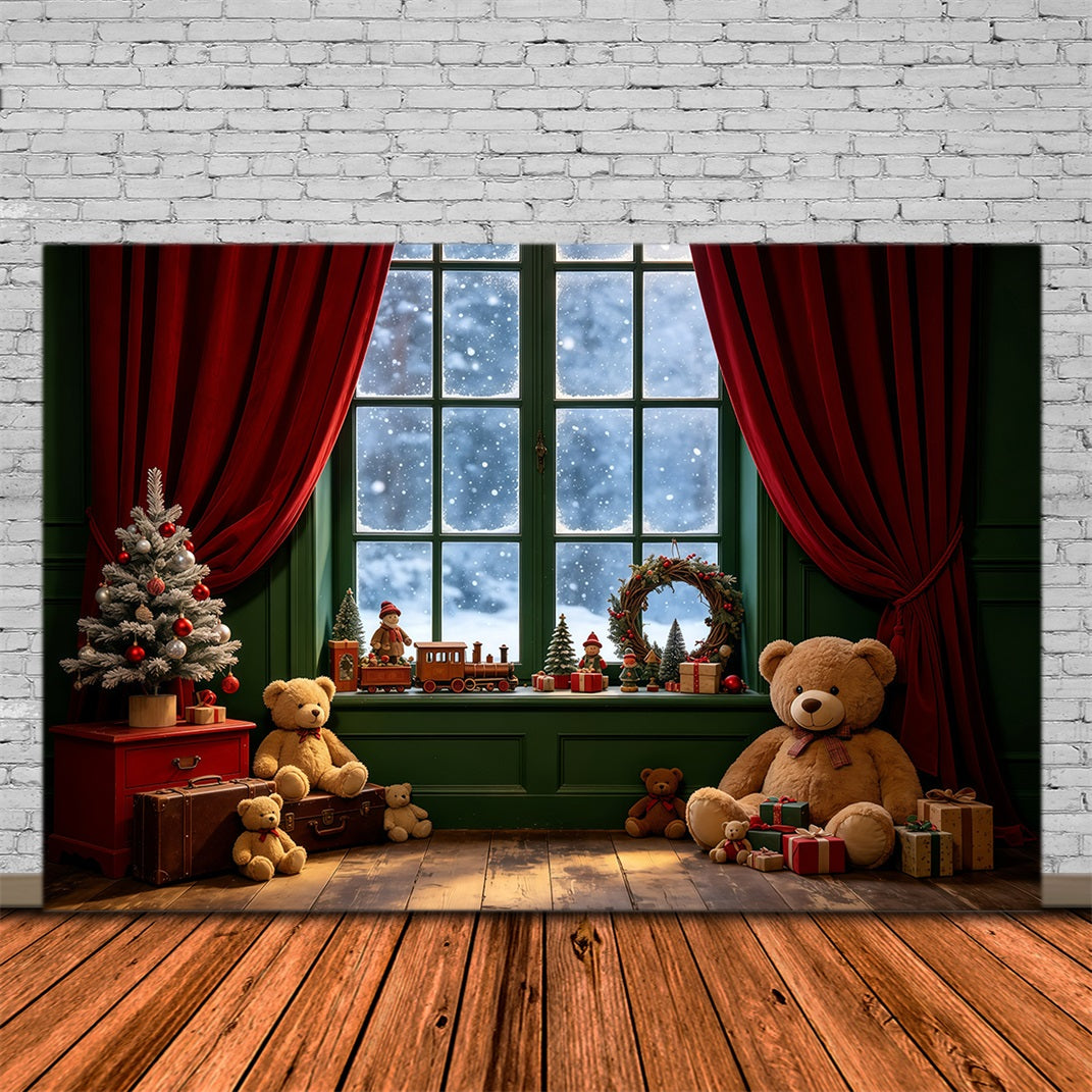 Christmas Window Backdrop Teddy Bear Indoor Corner Christmas Muslin Backdrop UK GQ68-106