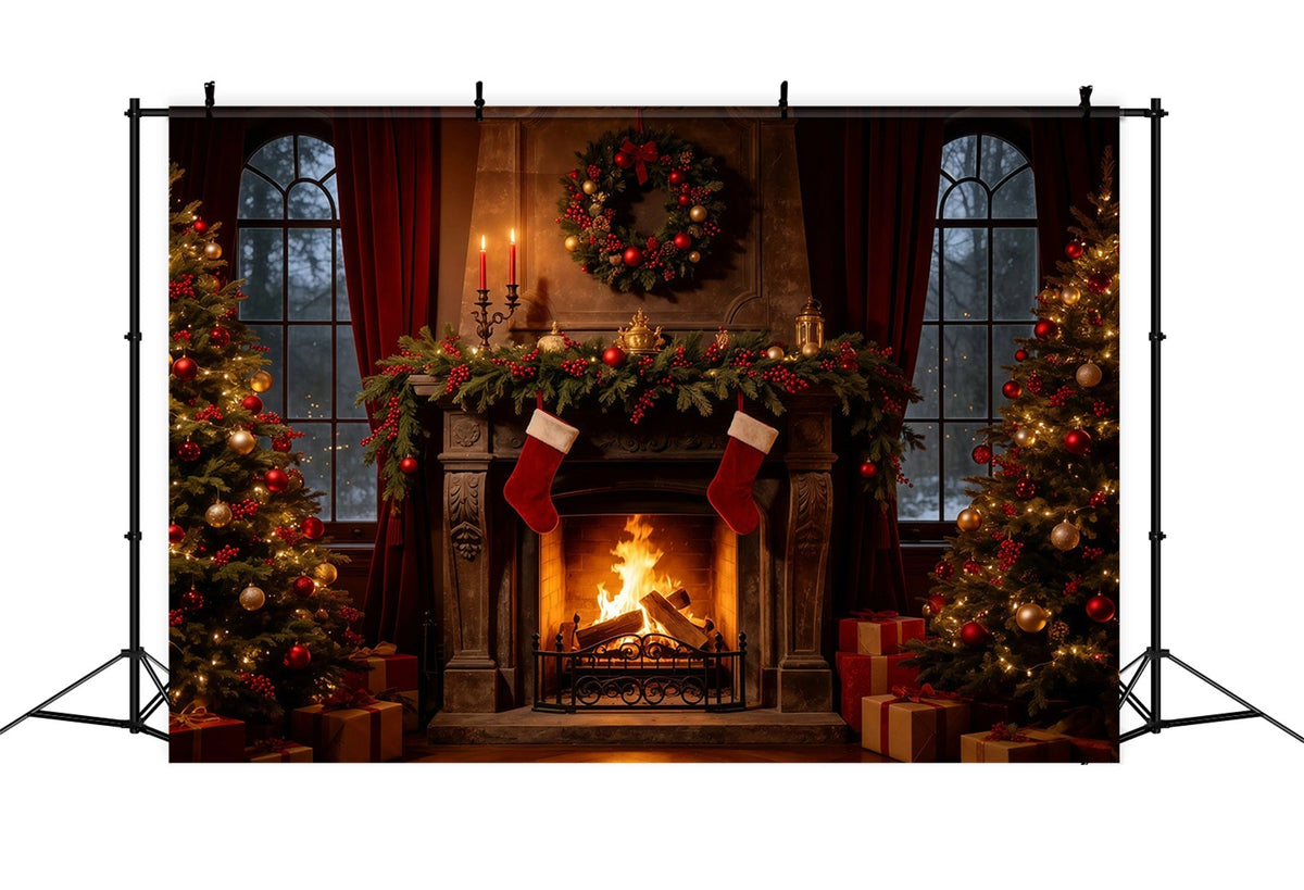 Cozy Christmas Backdrop Vintage Fireplace Stockings Christmas Indoor Backdrop UK GQ68-107