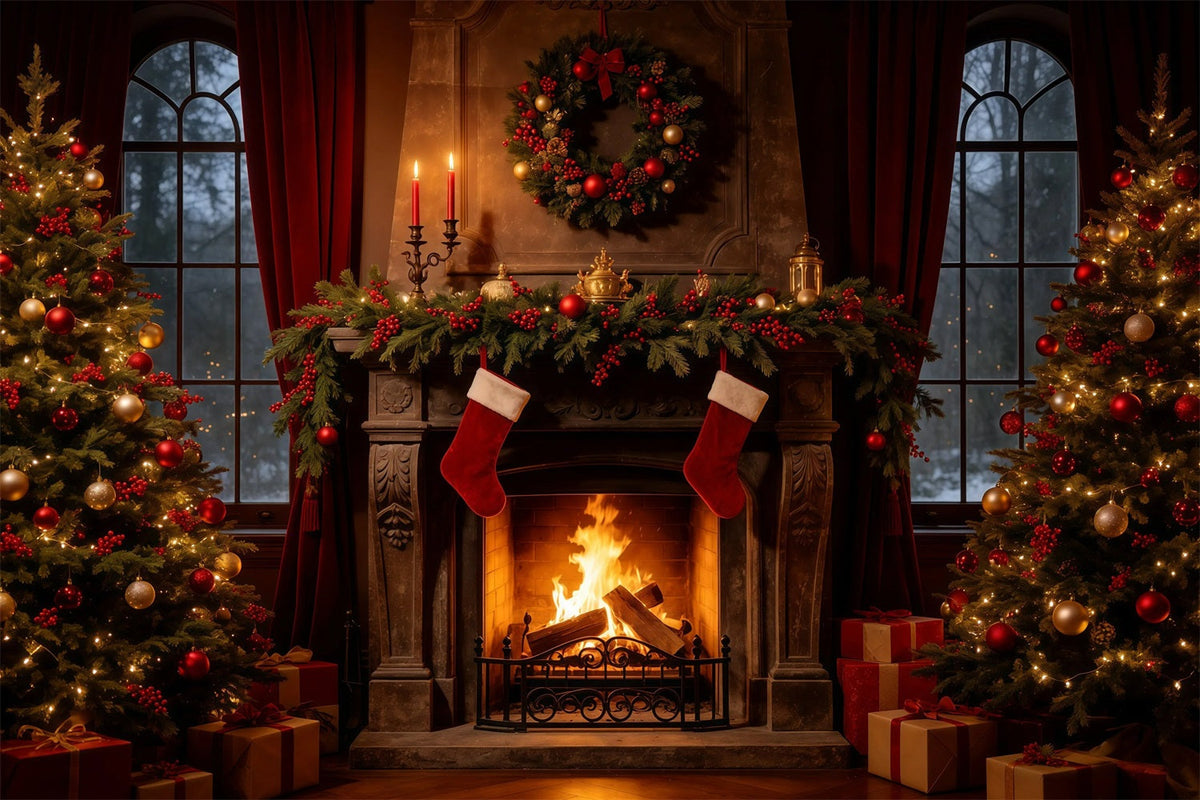 Cozy Christmas Backdrop Vintage Fireplace Stockings Christmas Indoor Backdrop UK GQ68-107