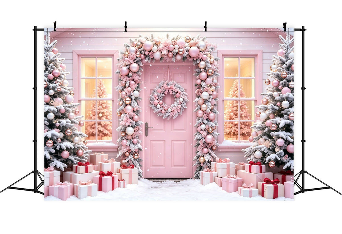 Pink Christmas Backdrop Snowy Tree Gift Doorway Christmas Muslin Backdrops UK GQ68-114