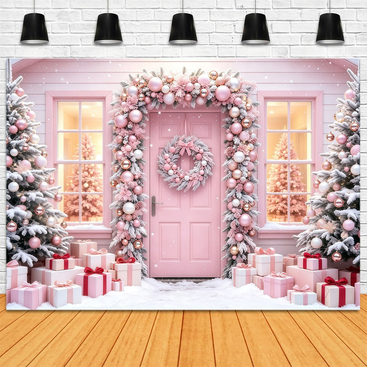 Pink Christmas Backdrop Snowy Tree Gift Doorway Christmas Muslin Backdrops UK GQ68-114