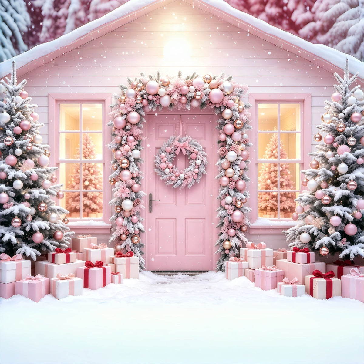 Pink Christmas Backdrop Snowy Tree Gift Doorway Christmas Muslin Backdrops UK GQ68-114