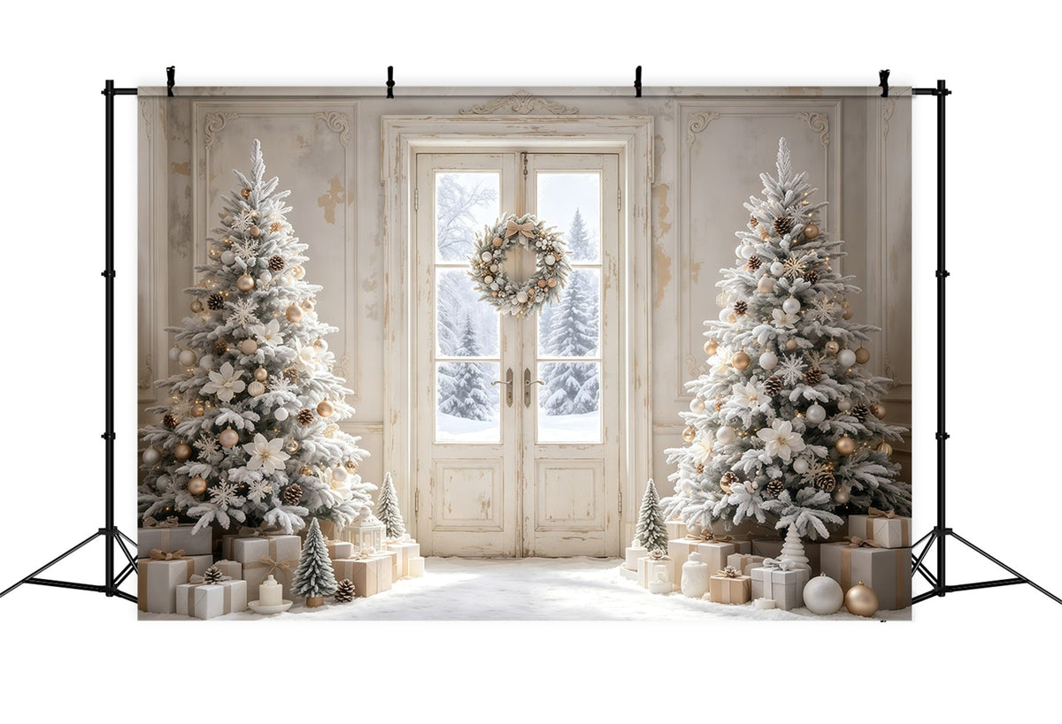 Simple Christmas Backdrop White Frosted Door Trees Christmas Backdrops UK GQ68-116