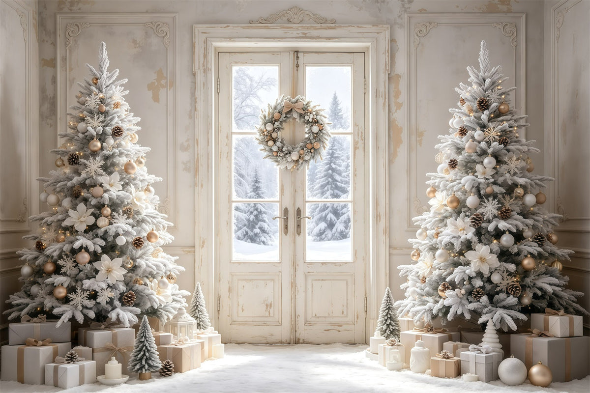 Simple Christmas Backdrop White Frosted Door Trees Christmas Backdrops UK GQ68-116