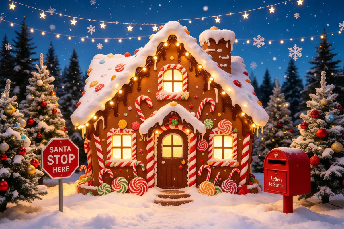 Gingerbread Christmas Backdrop Candy Cottage Snowy Forest Christmas Photo Backdrops UK GQ68-118